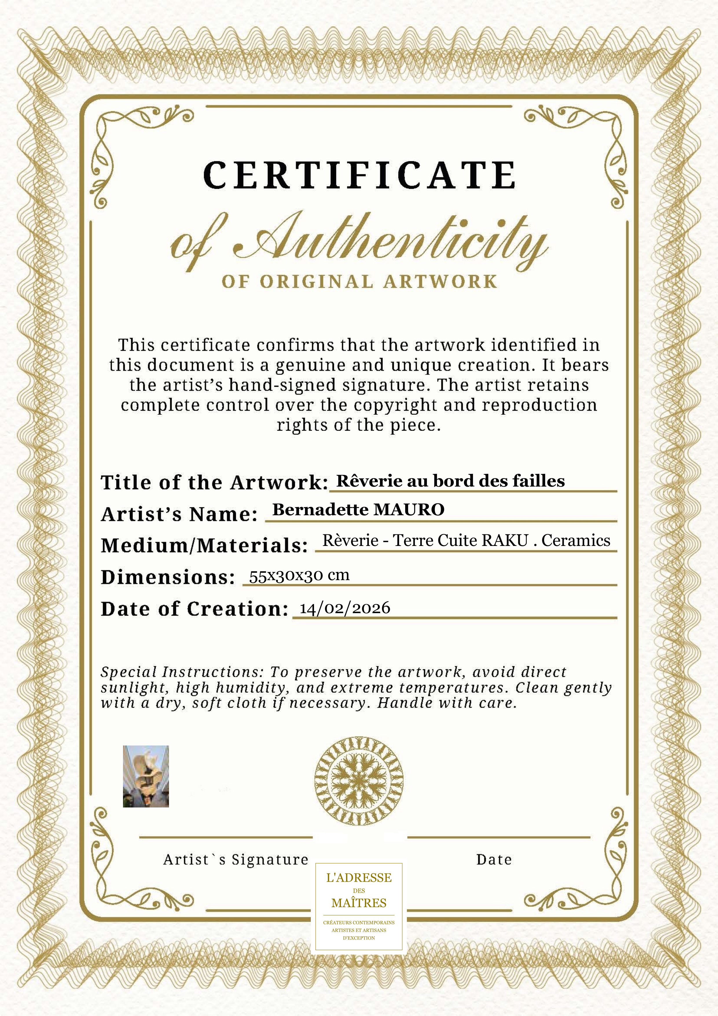 Certificat d'authenticité — Rêverie au bord des failles — Bernadette MAURO
