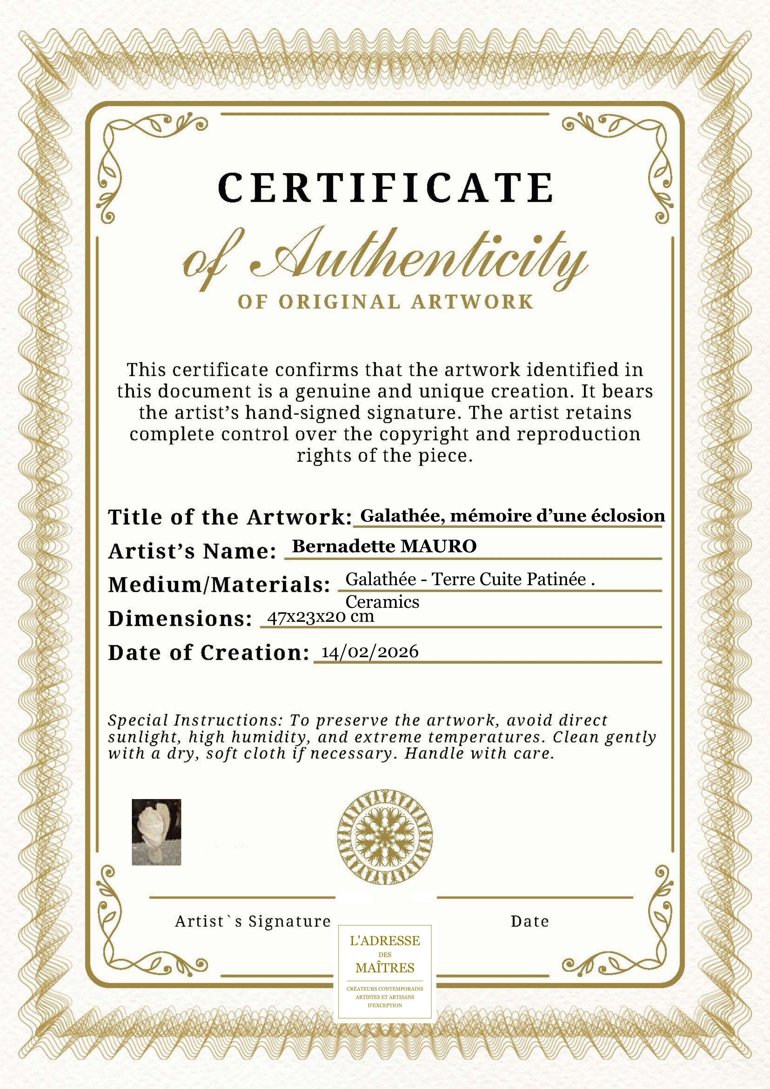 Certificat d'authenticité — Galathée, mémoire d’une éclosion — Bernadette MAURO