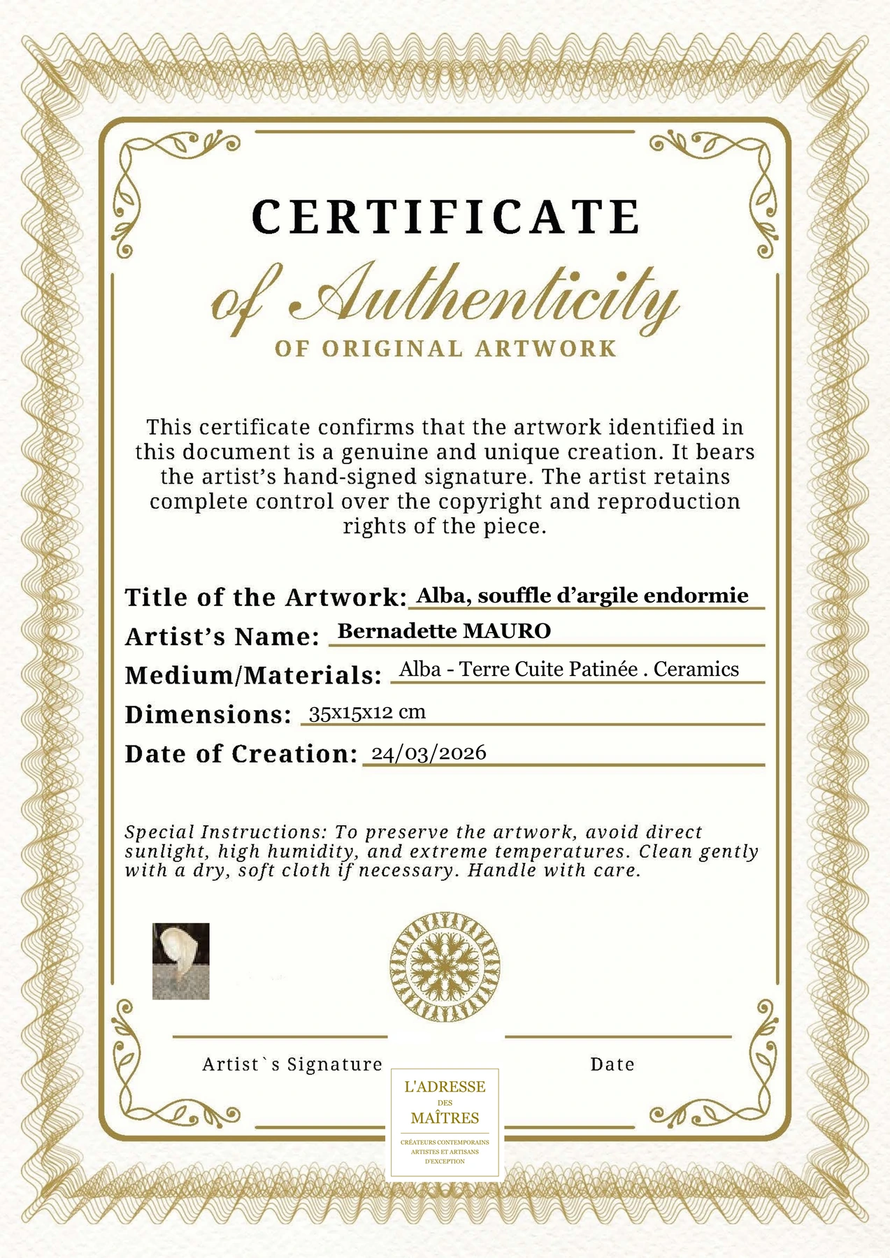 Certificat d'authenticité - Alba, souffle d’argile endormie - Bernadette MAURO