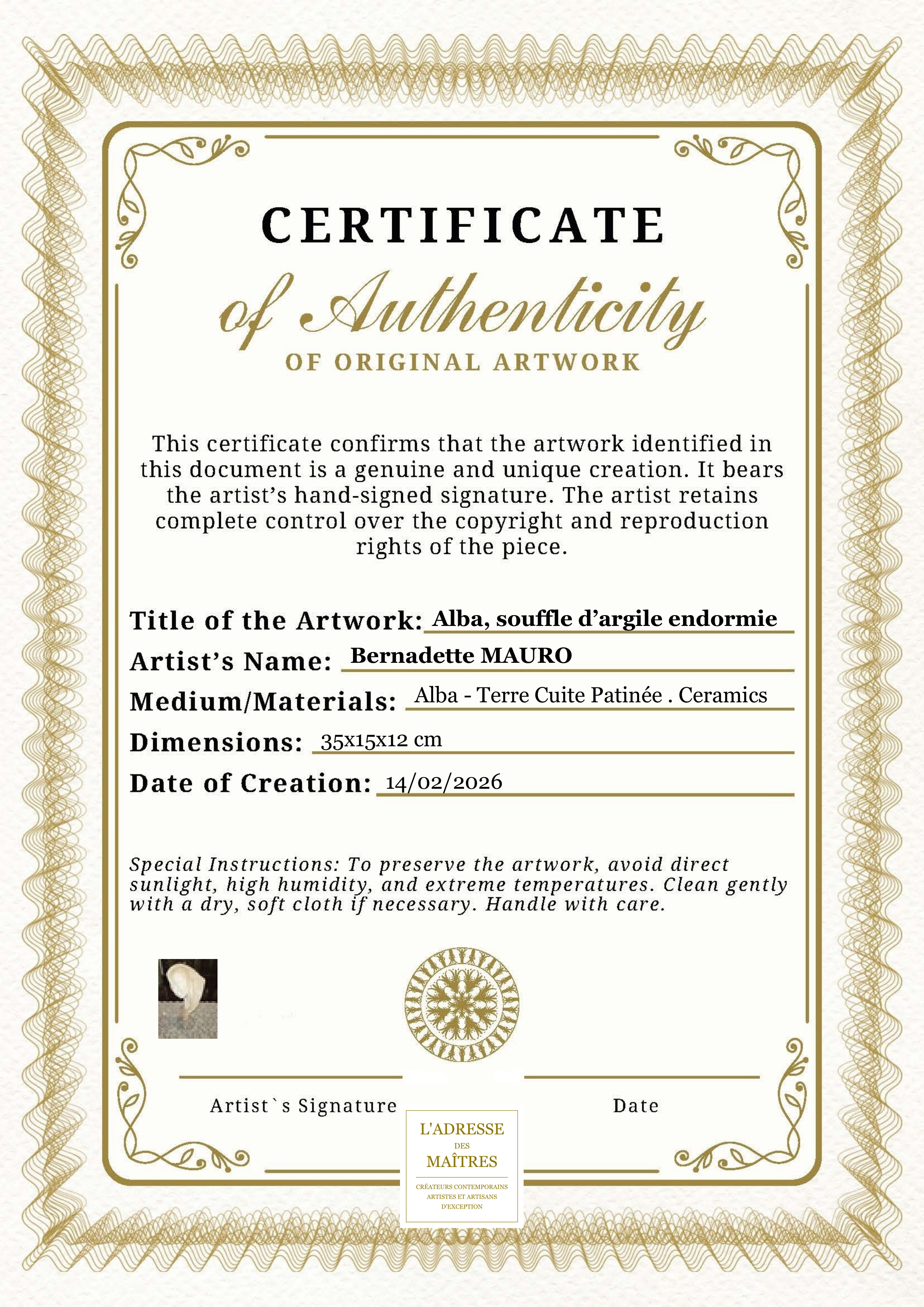 Certificat d'authenticité — Alba, souffle d’argile endormie — Bernadette MAURO