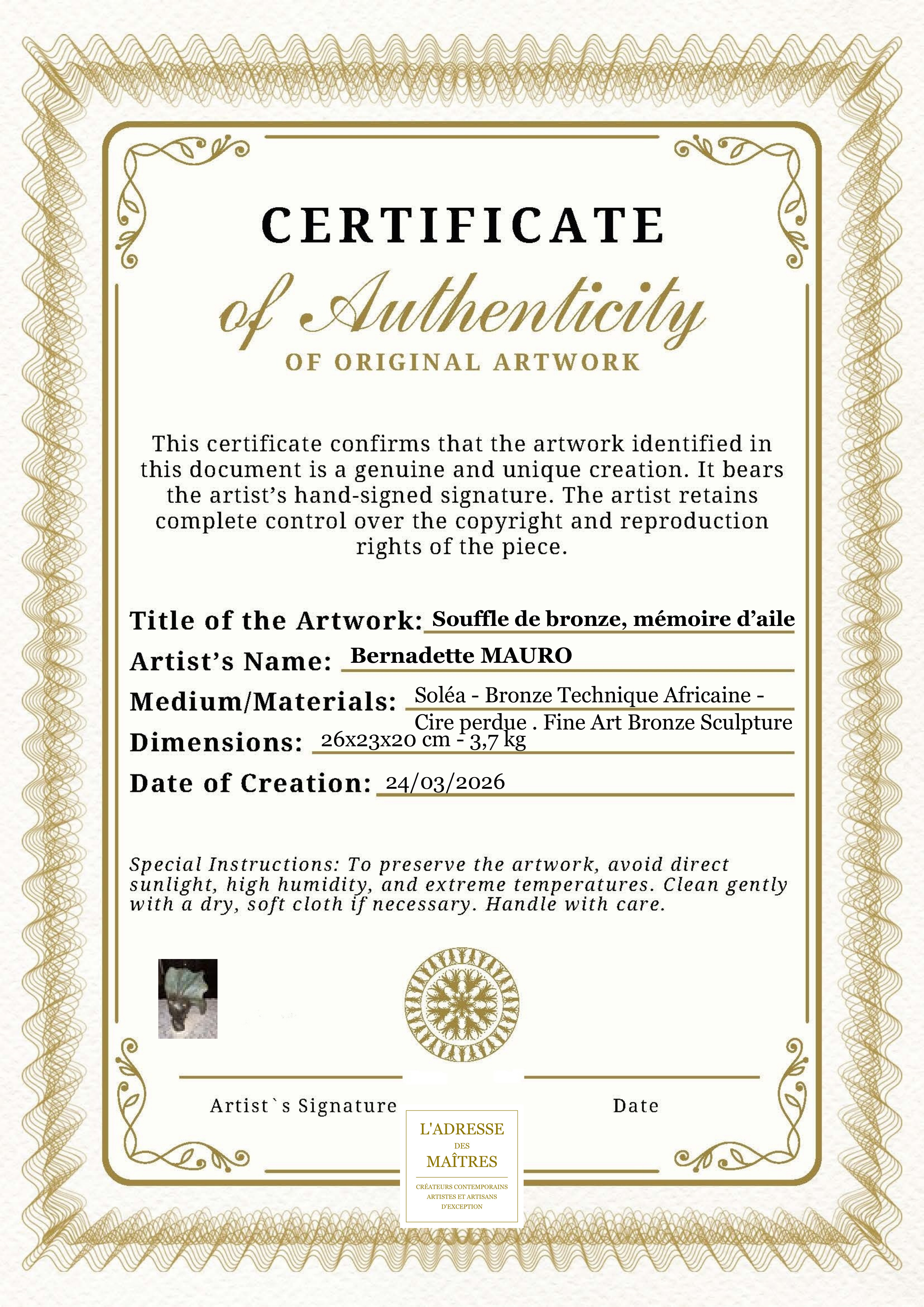 Certificado de autenticidad — Aliento de bronce, recuerdo de un ala — Bernadette MAURO