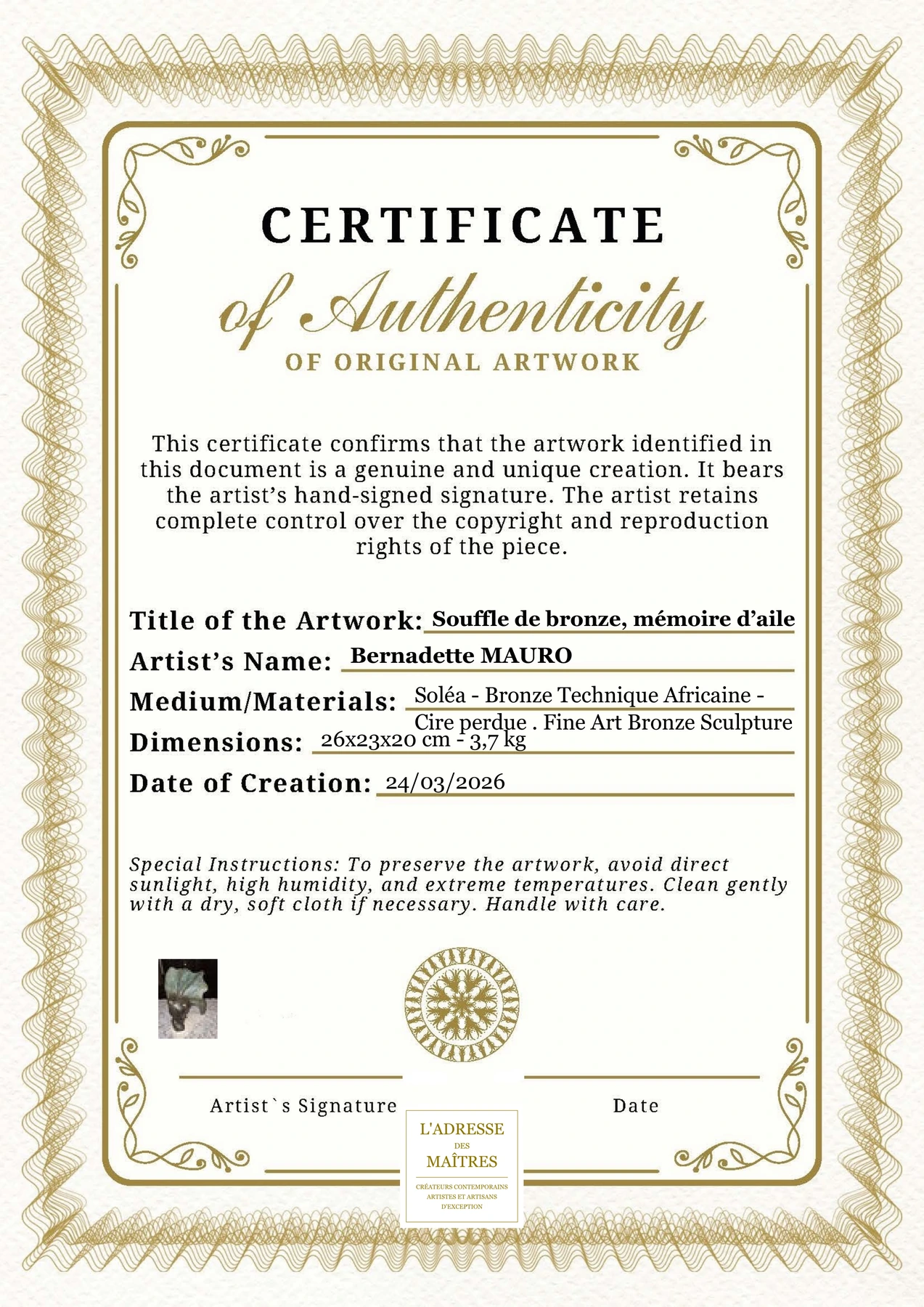 Certificat d'authenticité - Souffle de bronze, mémoire d’aile - Bernadette MAURO