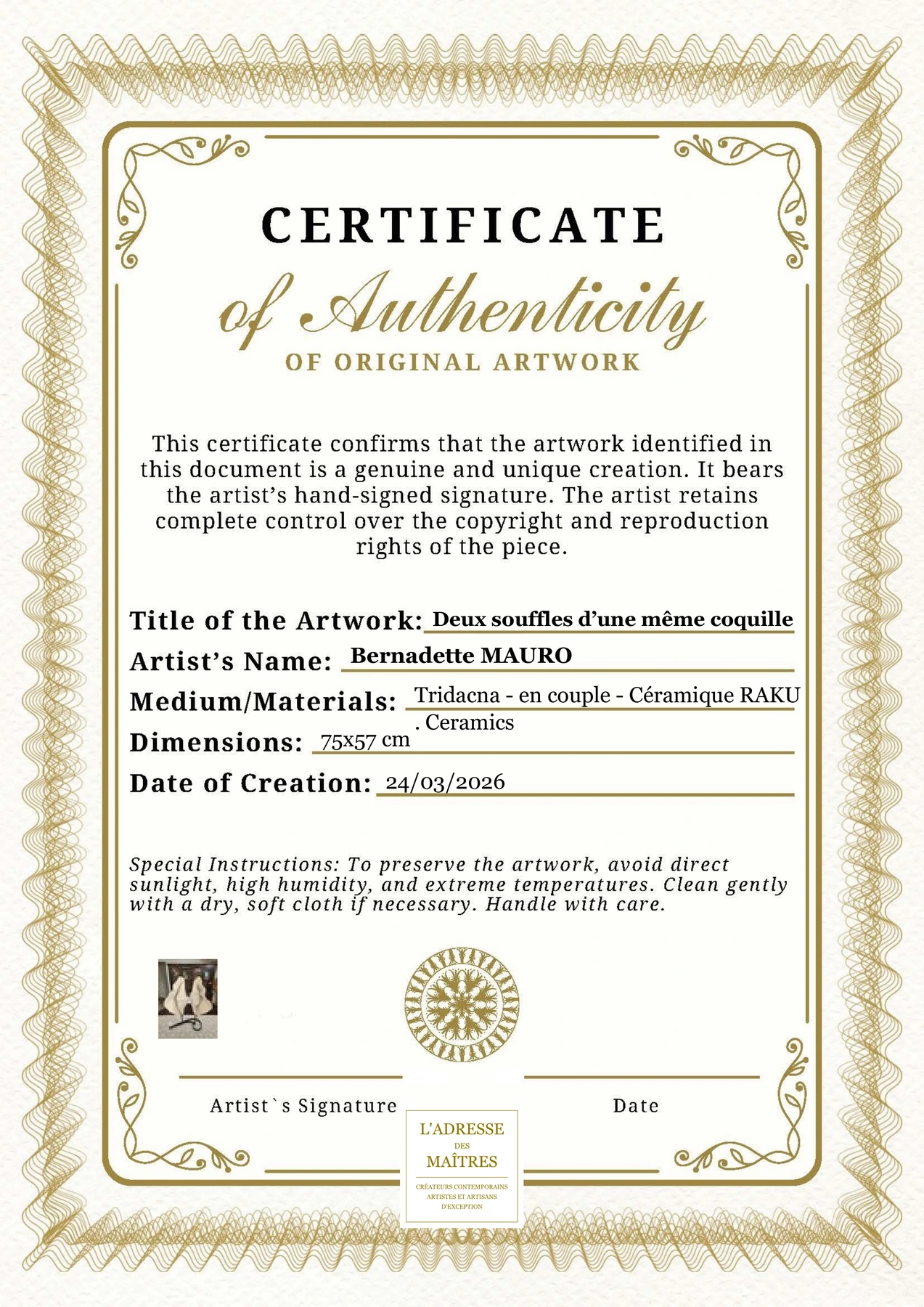 Certificat d'authenticité - Deux souffles d’une même coquille - Bernadette MAURO