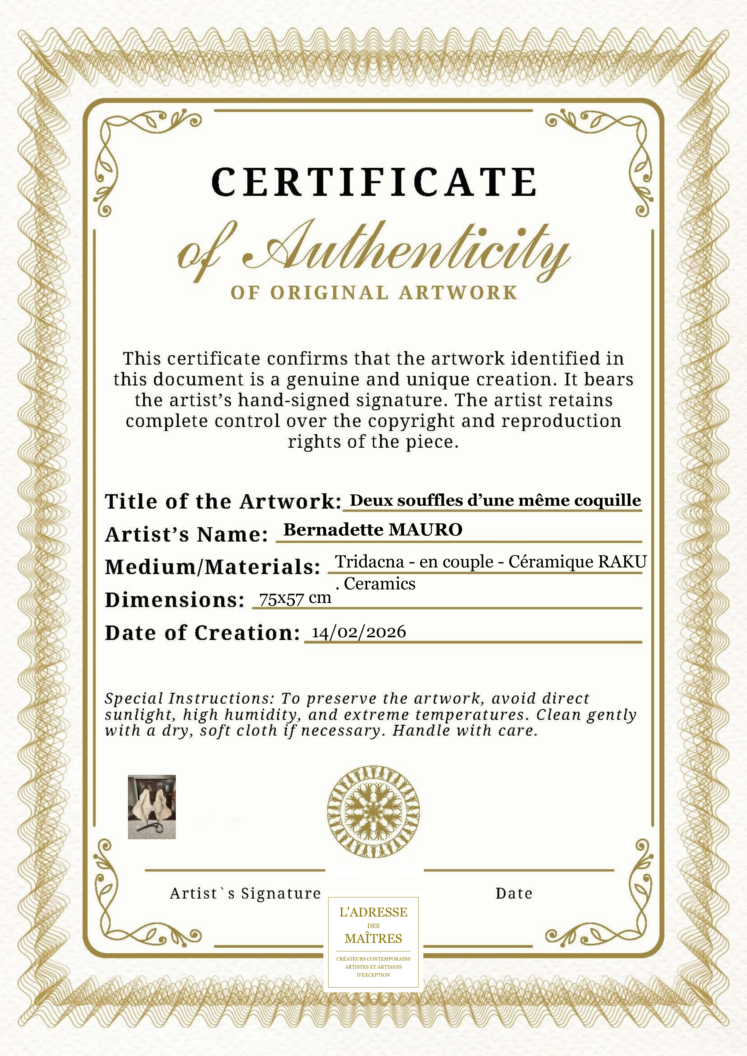 Certificat d'authenticité — Deux souffles d’une même coquille — Bernadette MAURO