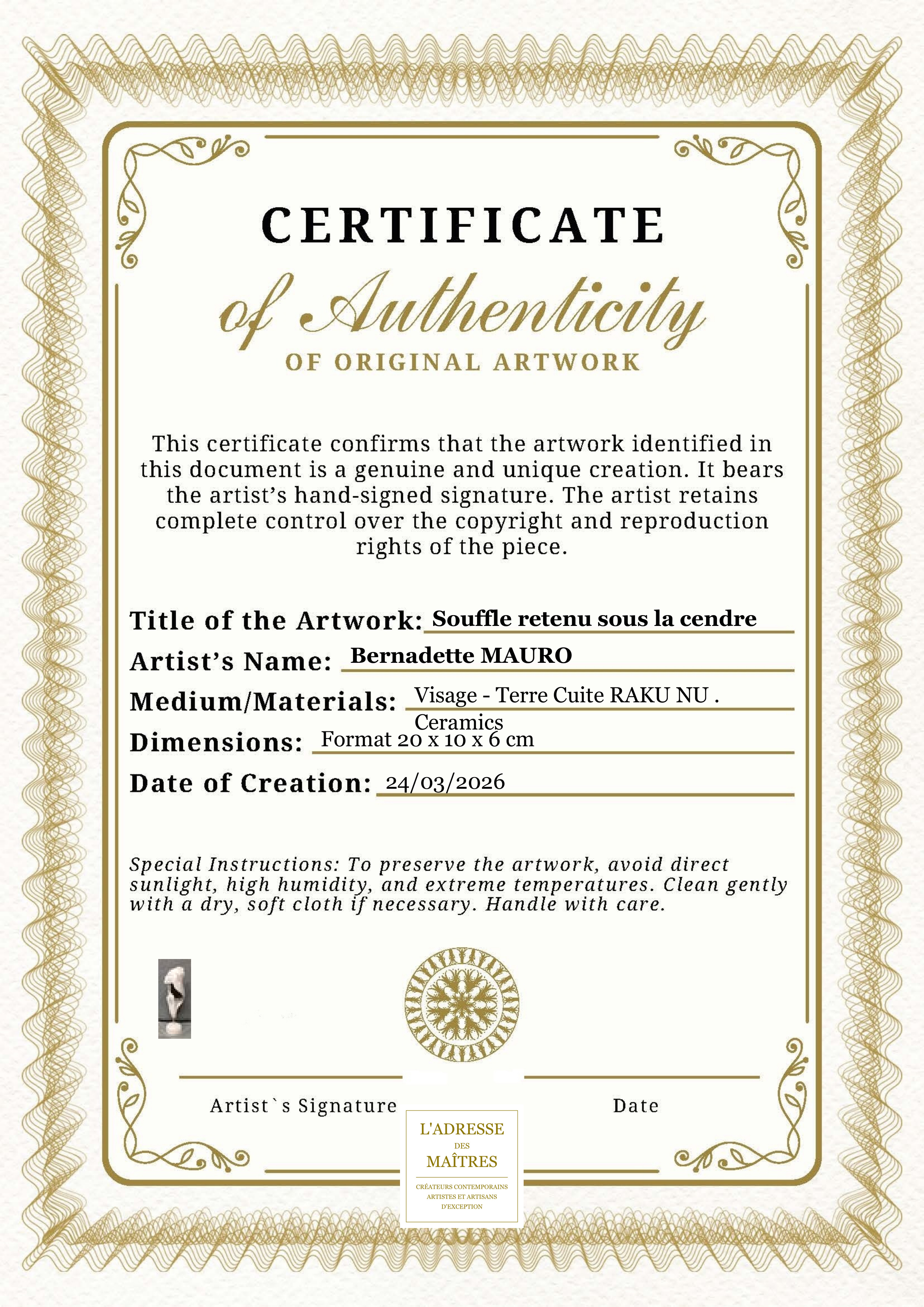 Certificat d'authenticité — Souffle retenu sous la cendre — Bernadette MAURO
