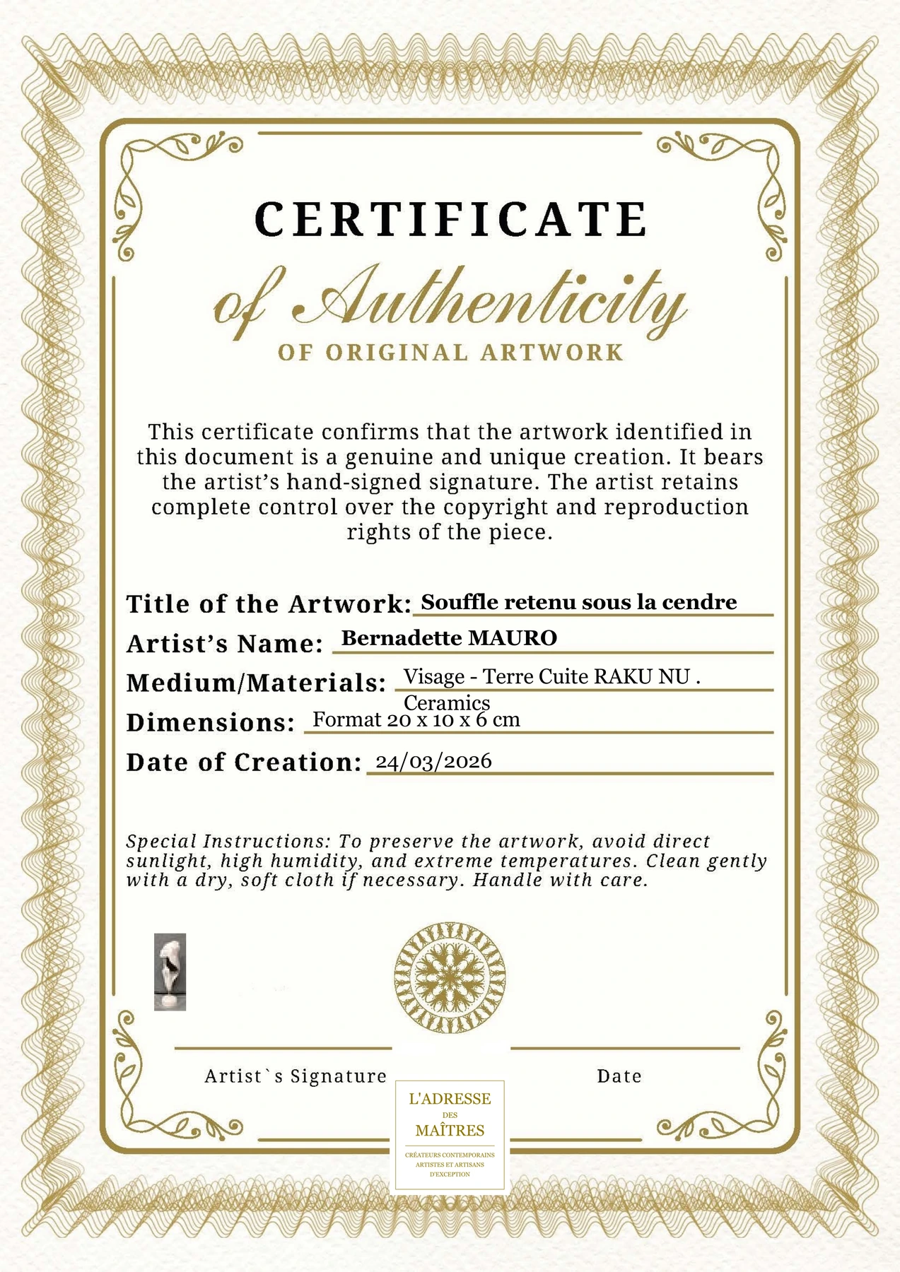 Certificat d'authenticité - Souffle retenu sous la cendre - Bernadette MAURO