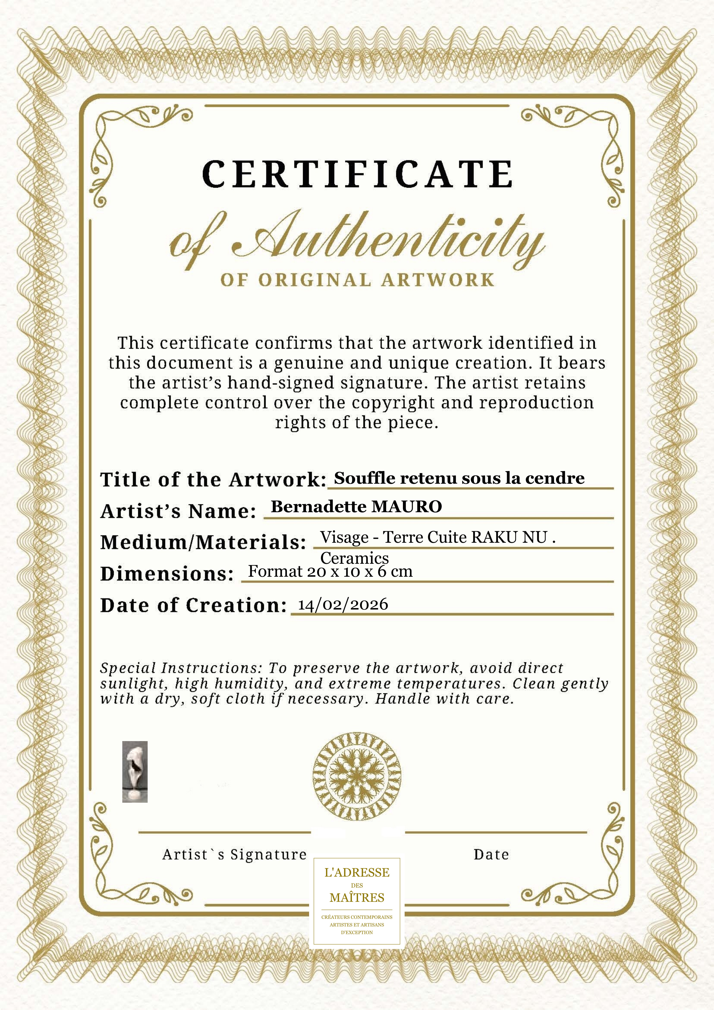 Certificat d'authenticité — Souffle retenu sous la cendre — Bernadette MAURO