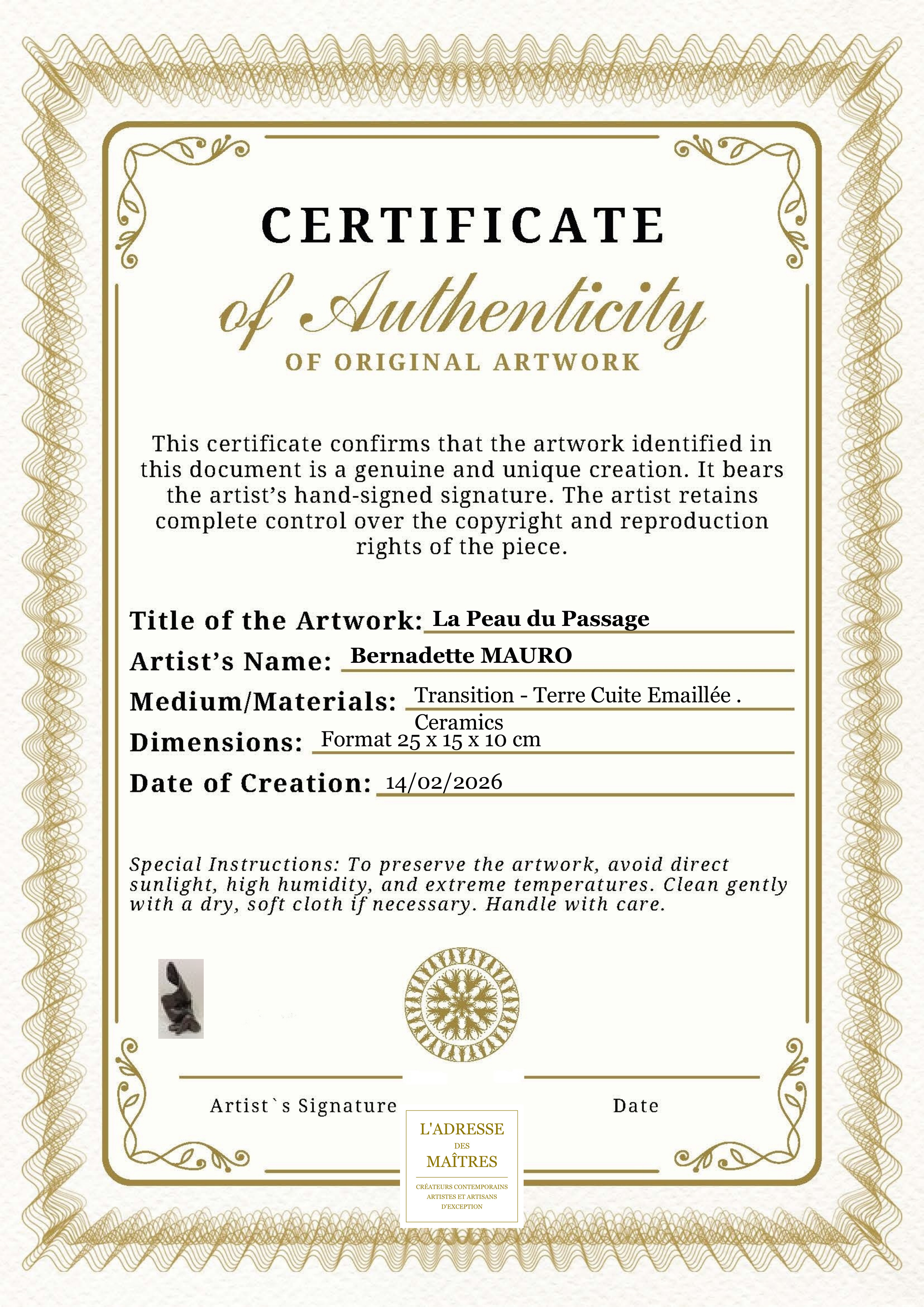Certificat d'authenticité — La Peau du Passage — Bernadette MAURO