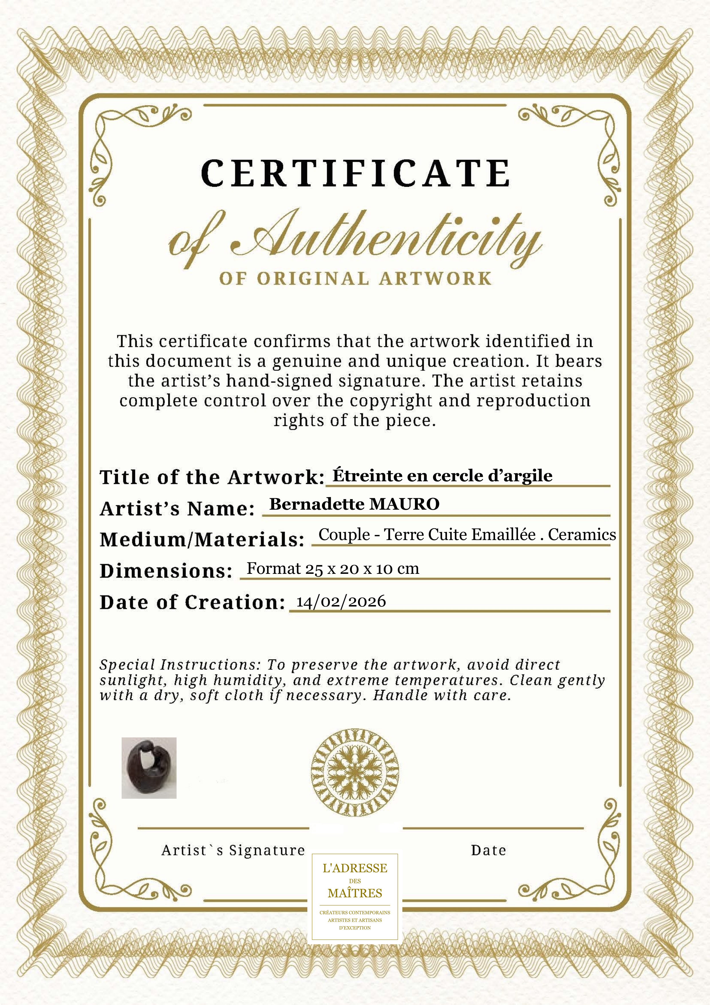 Certificat d'authenticité — Étreinte en cercle d’argile — Bernadette MAURO