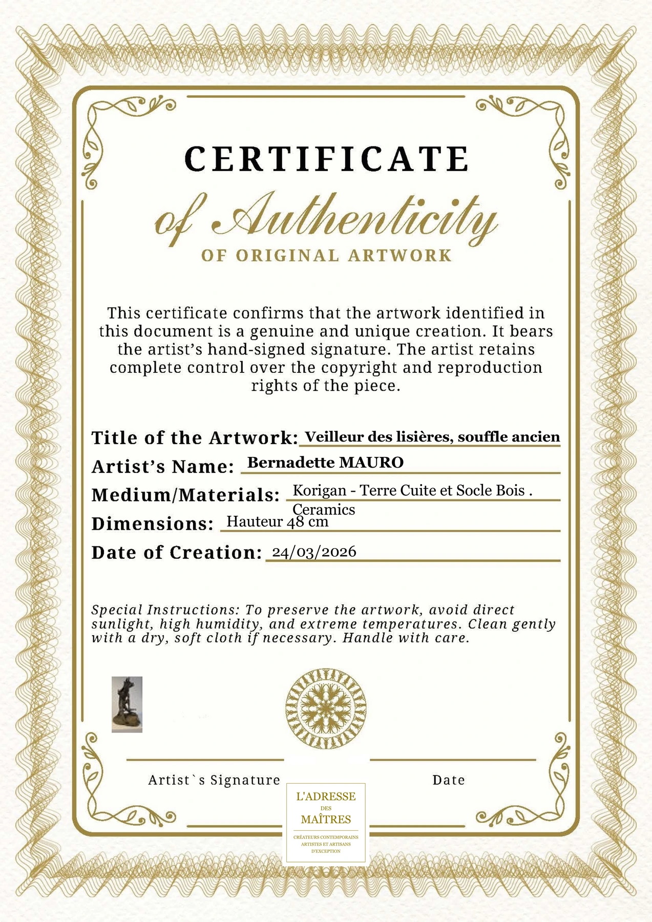 Certificat d'authenticité - Veilleur des lisières, souffle ancien - Bernadette MAURO