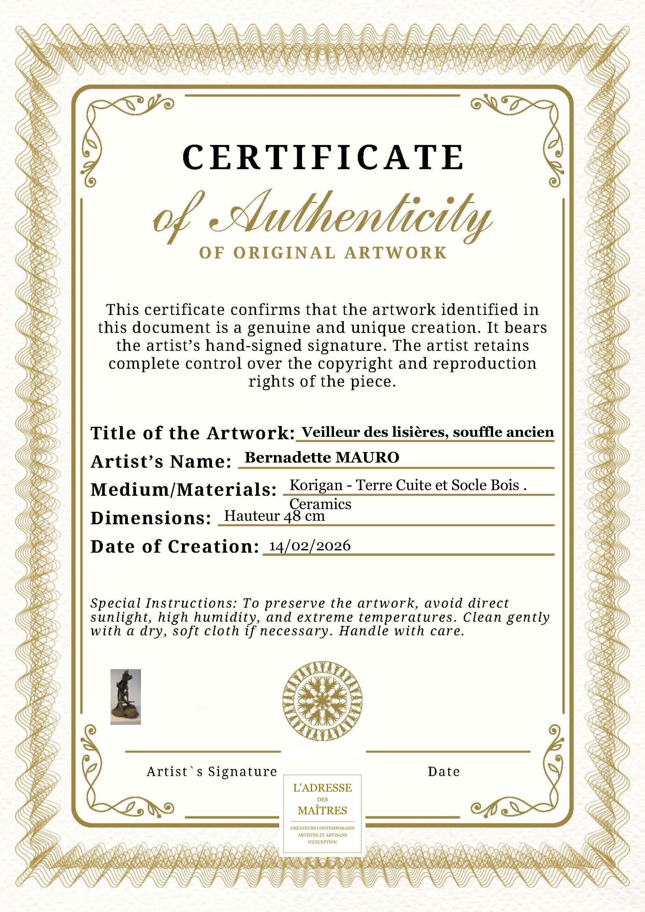 Certificat d'authenticité — Veilleur des lisières, souffle ancien — Bernadette MAURO