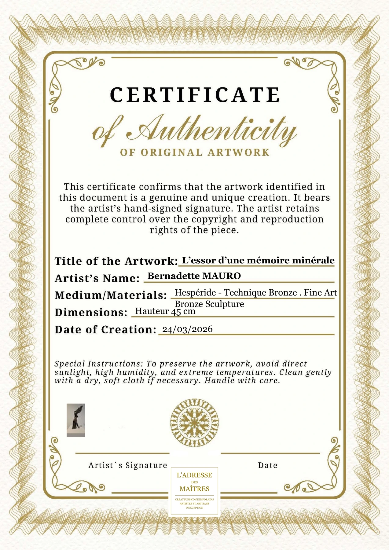 Certificat d'authenticité - L’essor d’une mémoire minérale - Bernadette MAURO