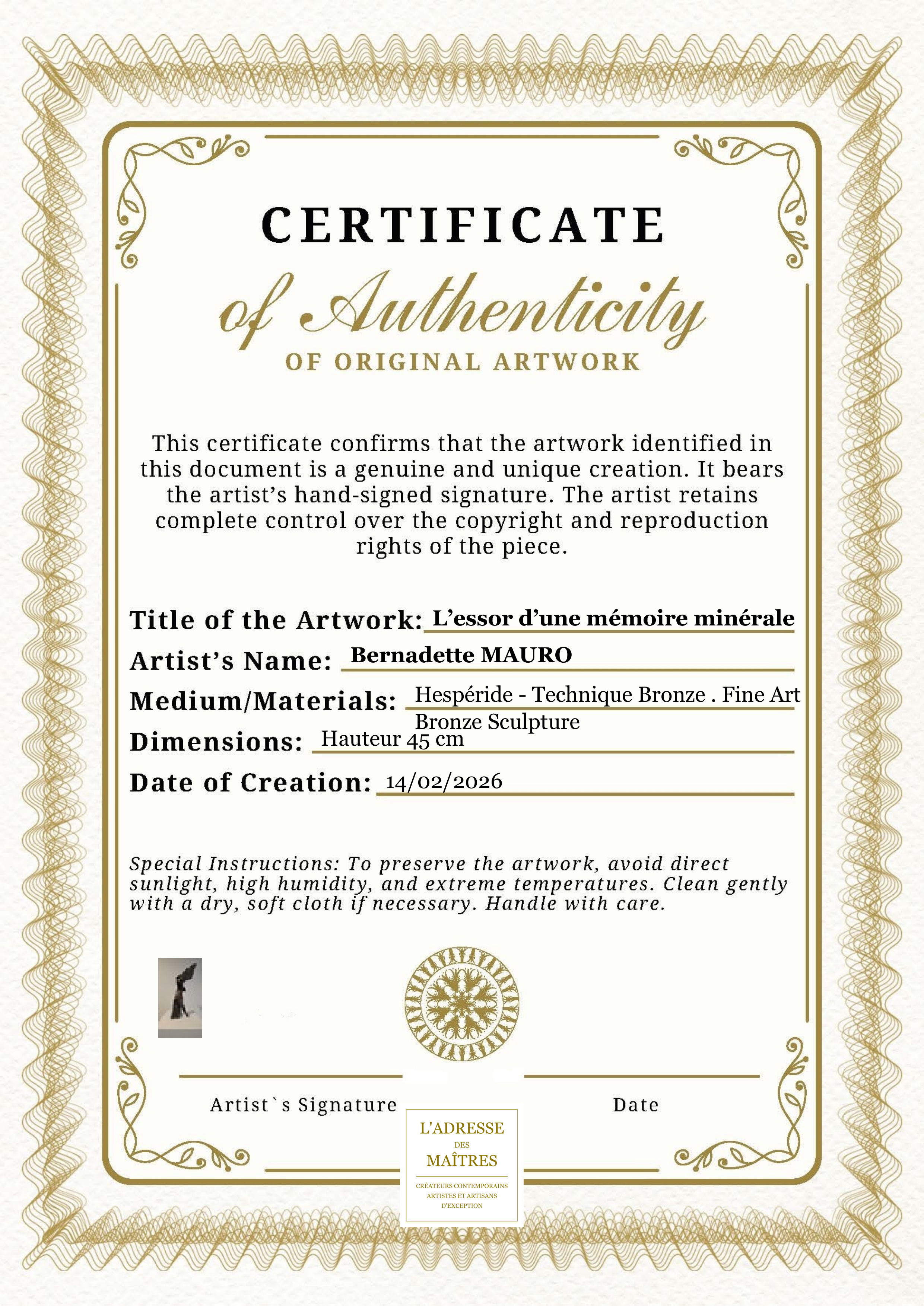 Certificat d'authenticité — L’essor d’une mémoire minérale — Bernadette MAURO