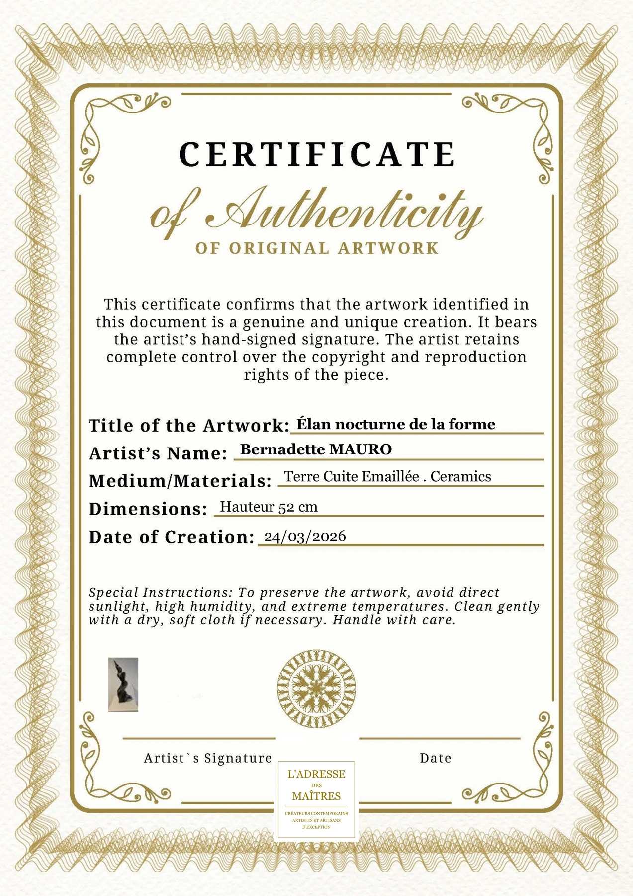 Certificat d'authenticité - Élan nocturne de la forme - Bernadette MAURO