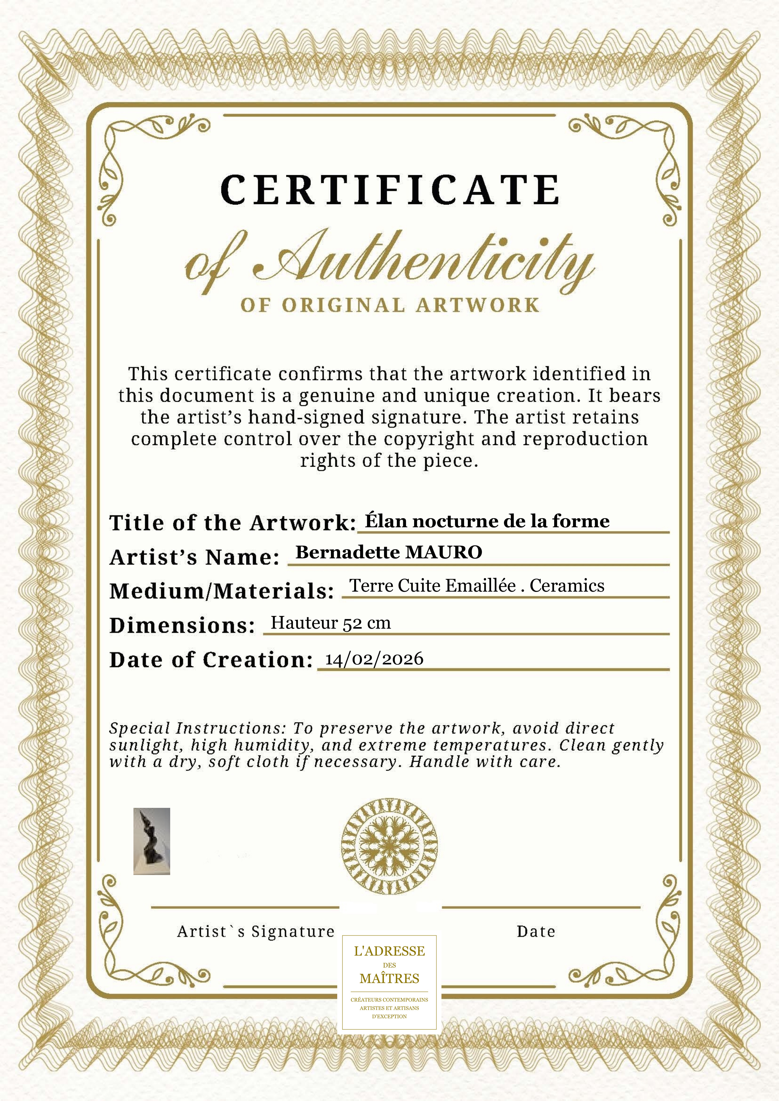 Certificat d'authenticité — Élan nocturne de la forme — Bernadette MAURO