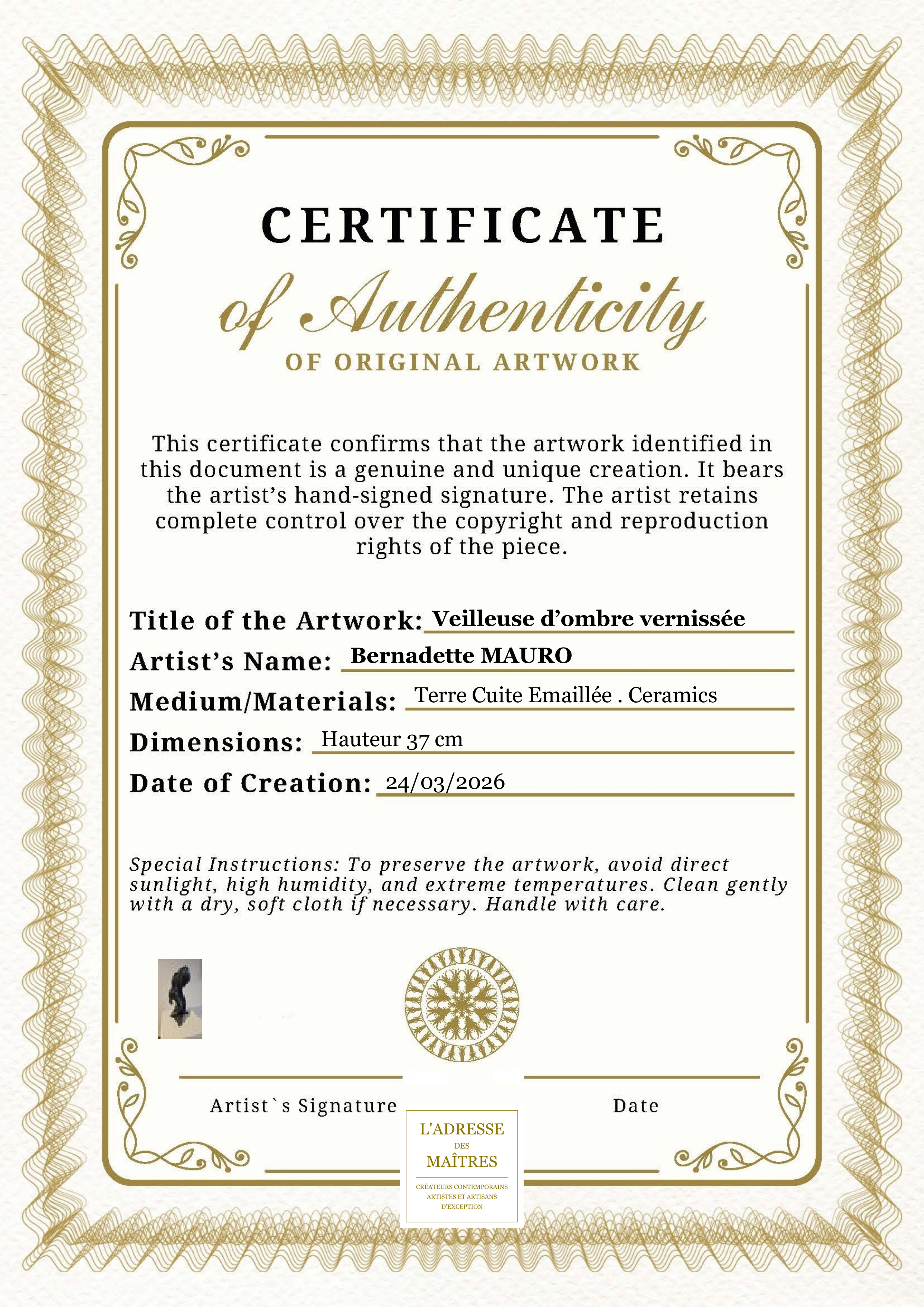Certificat d'authenticité — Veilleuse d’ombre vernissée — Bernadette MAURO