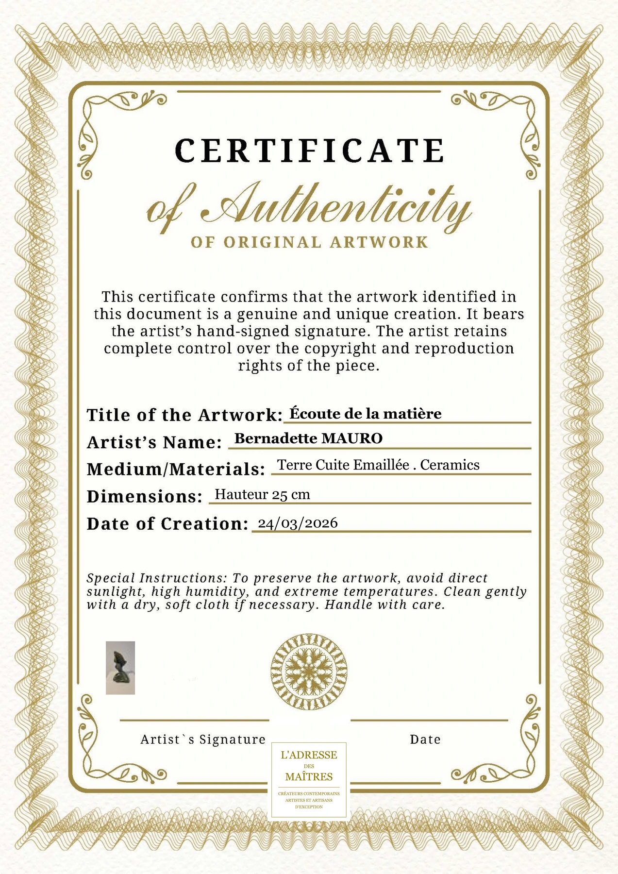 Certificat d'authenticité - Écoute de la matière - Bernadette MAURO