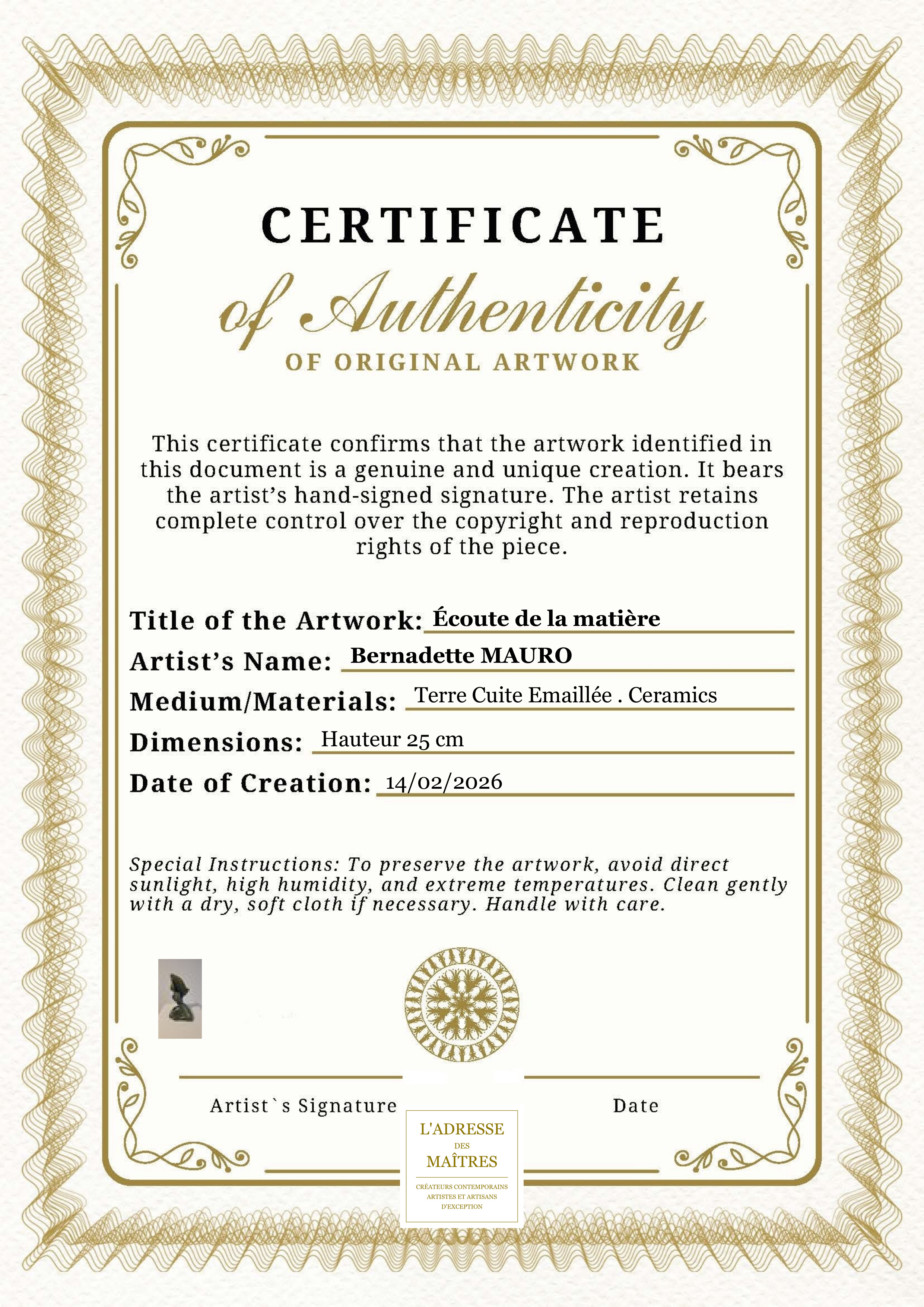 Certificat d'authenticité — Écoute de la matière — Bernadette MAURO