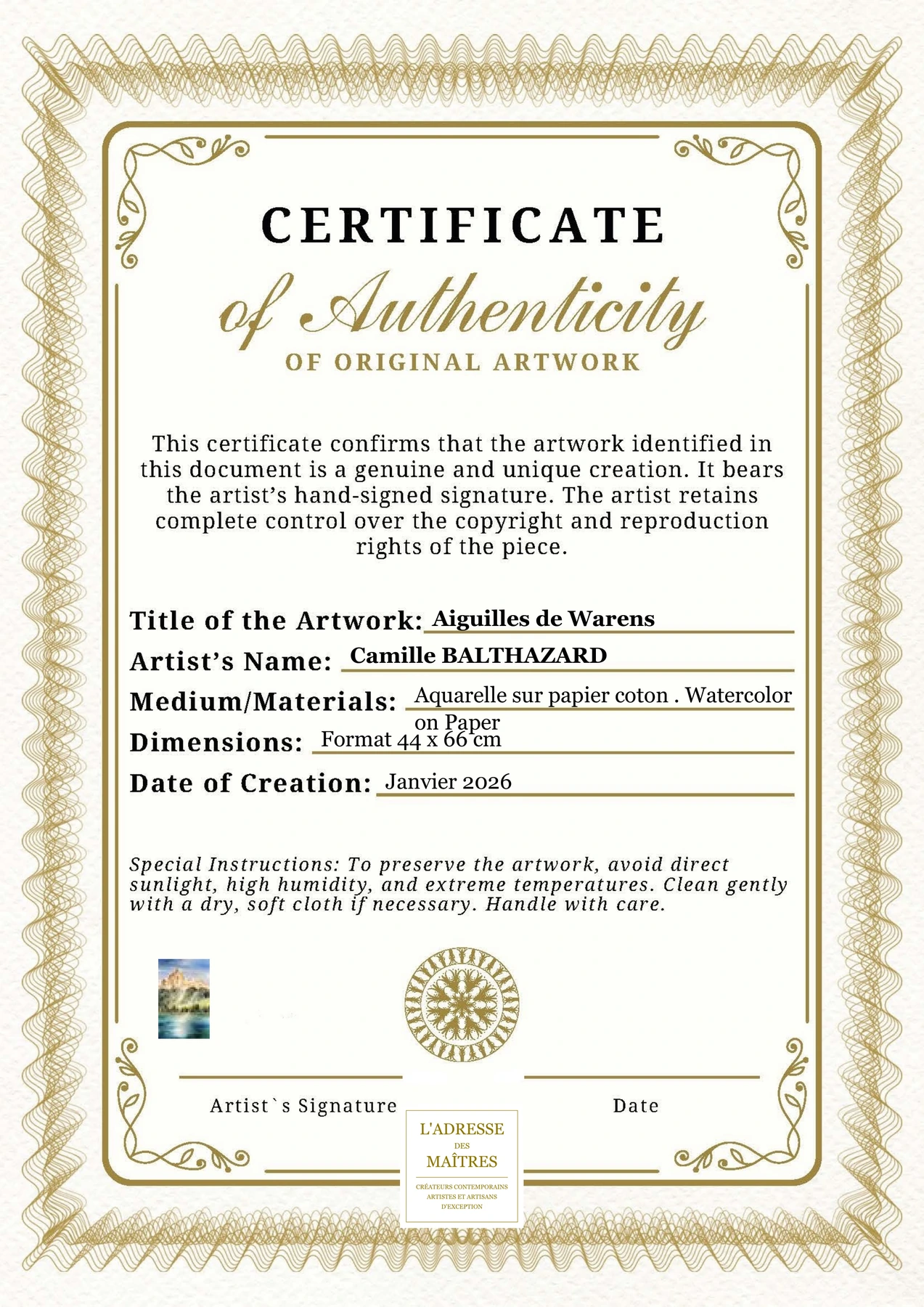 Certificat d'authenticité - Aiguilles de Warens - Camille BALTHAZARD