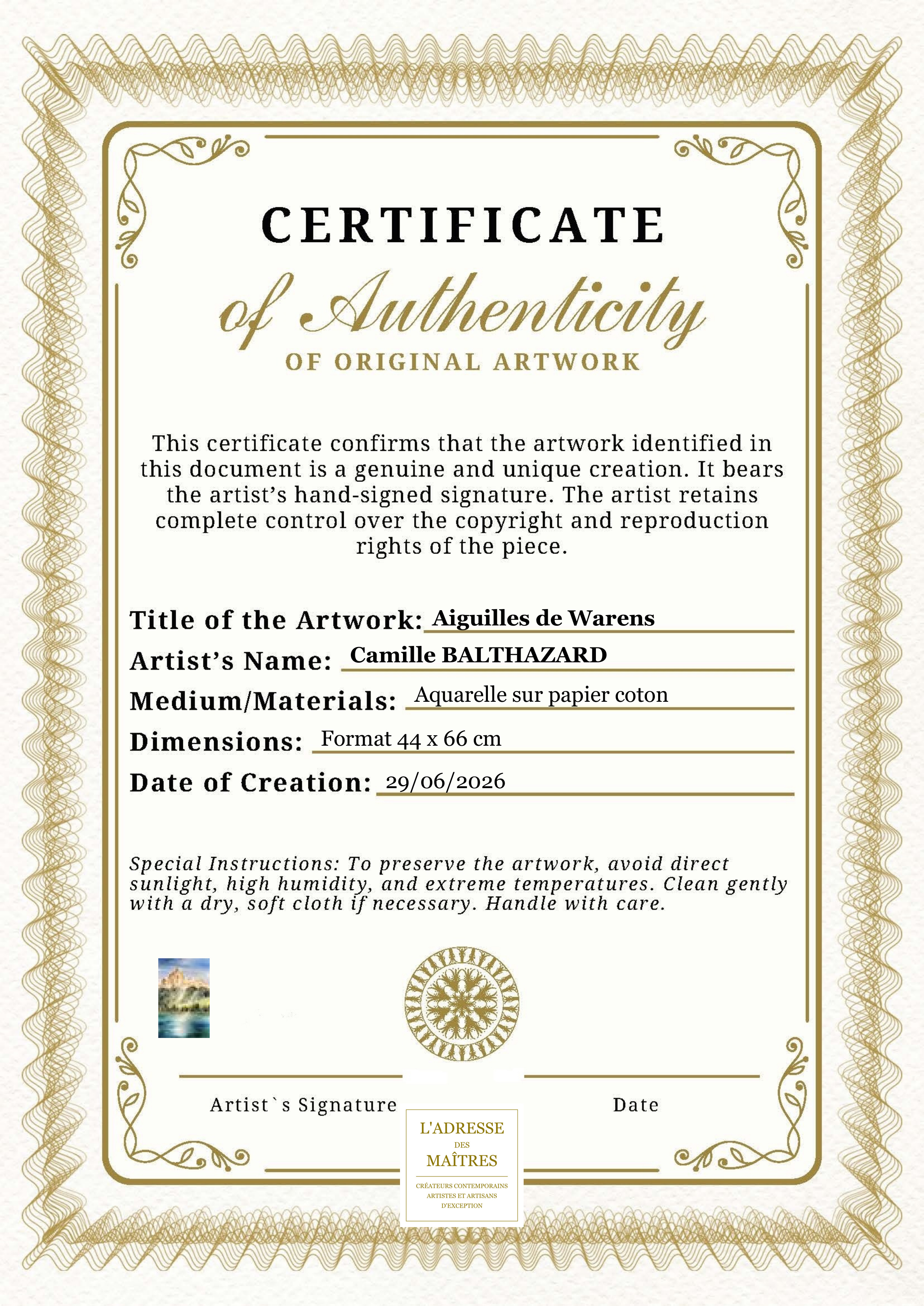 Certificat d'authenticité — Aiguilles de Warens — Camille BALTHAZARD