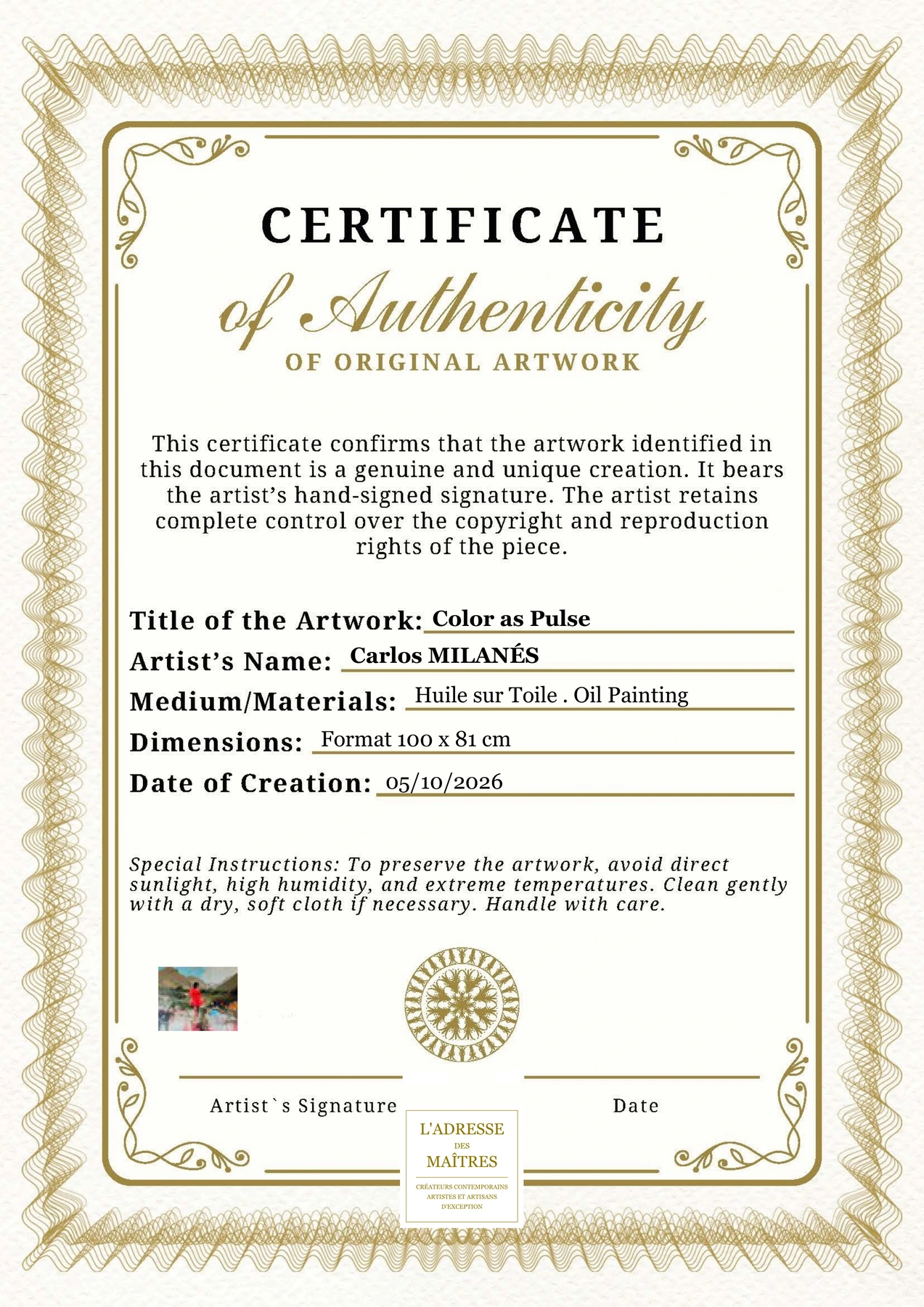 Certificat d'authenticité - Color as Pulse - Carlos MILANÉS