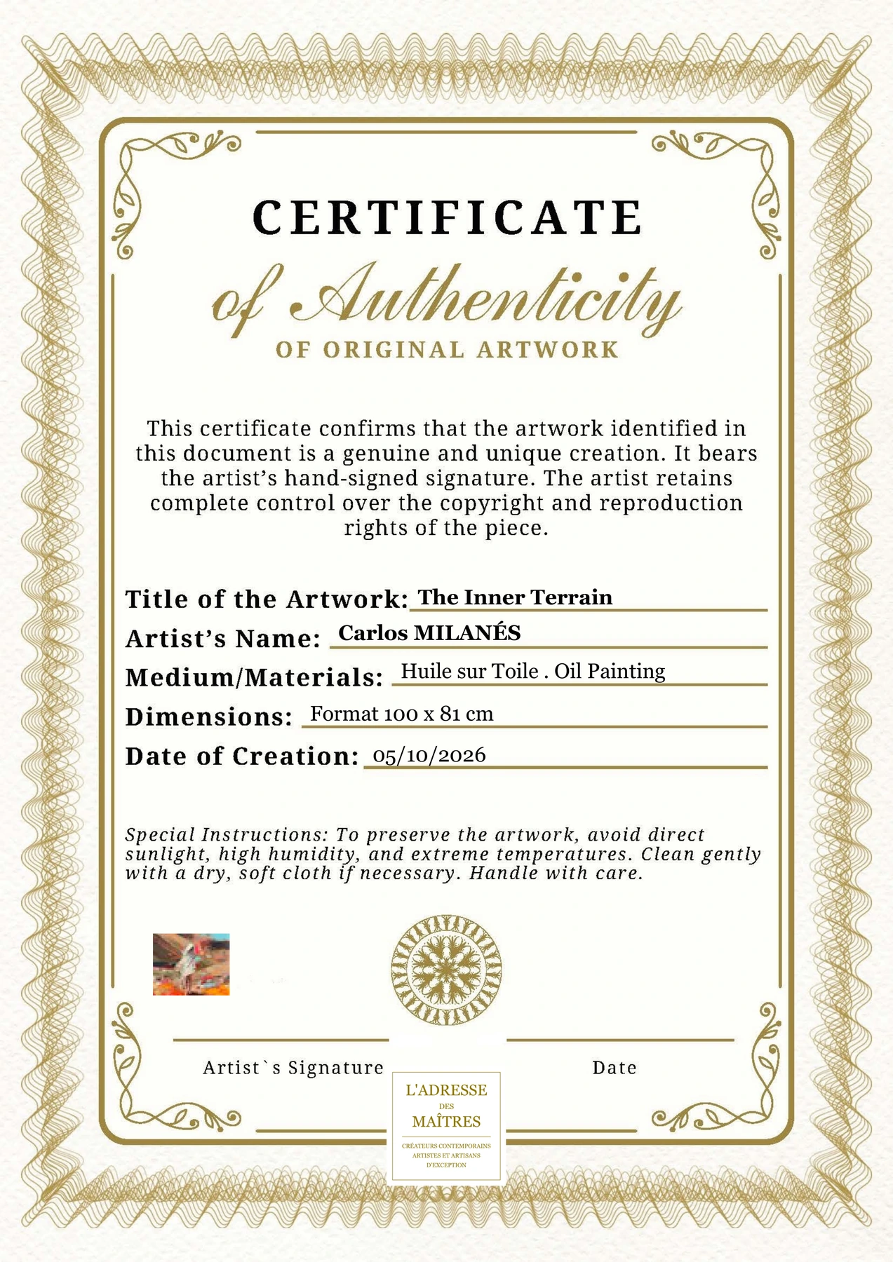 Certificat d'authenticité - The Inner Terrain - Carlos MILANÉS