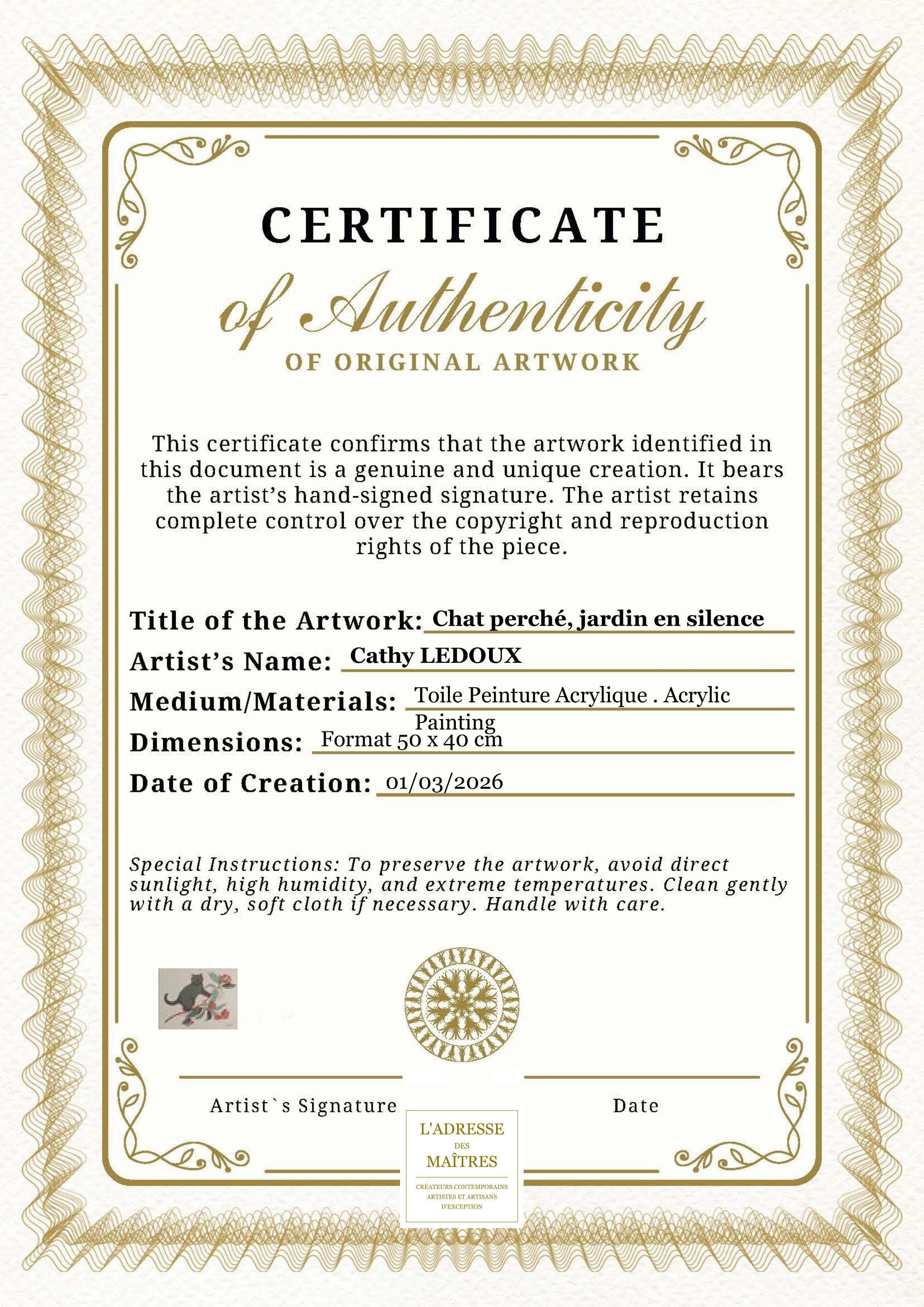 Certificat d'authenticité — Chat perché, jardin en silence — Cathy LEDOUX