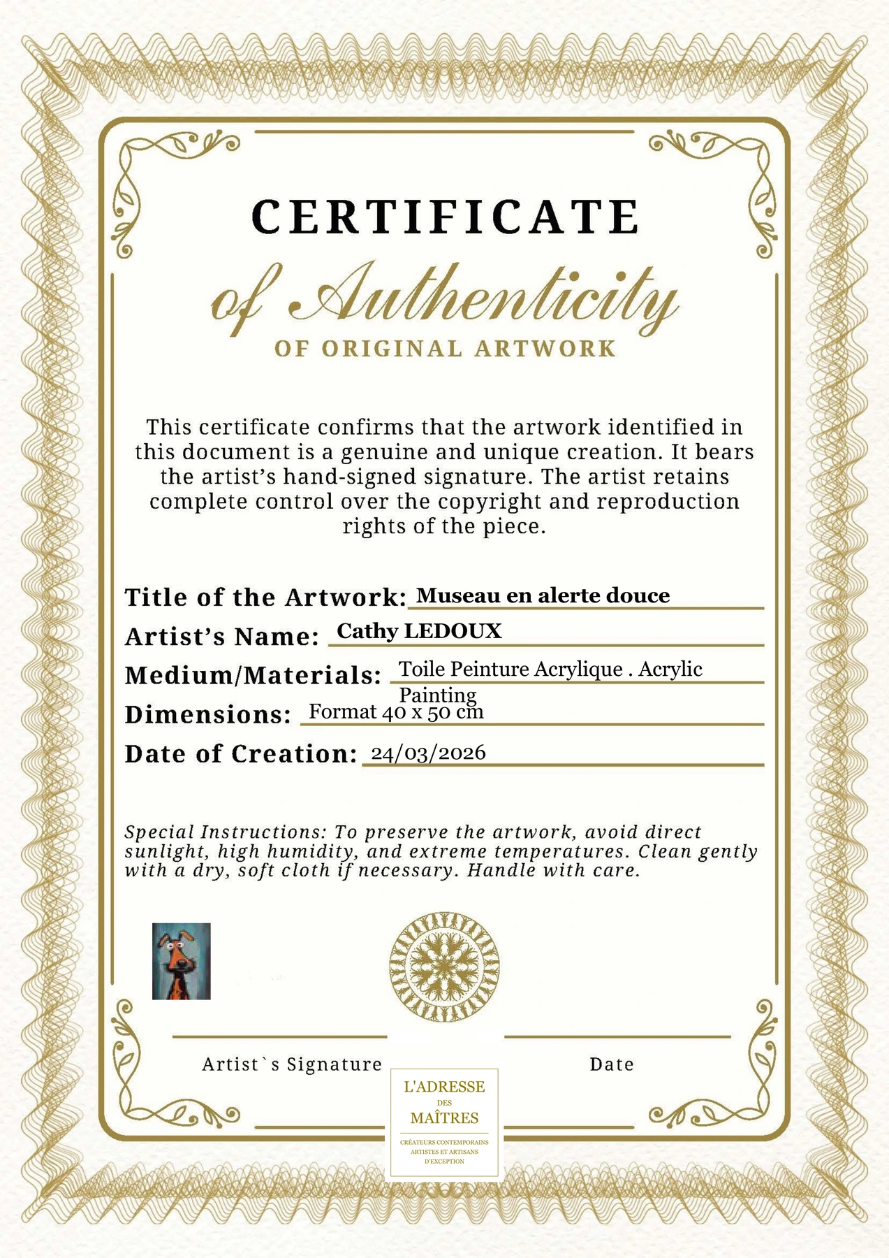 Certificat d'authenticité - Museau en alerte douce - Cathy LEDOUX