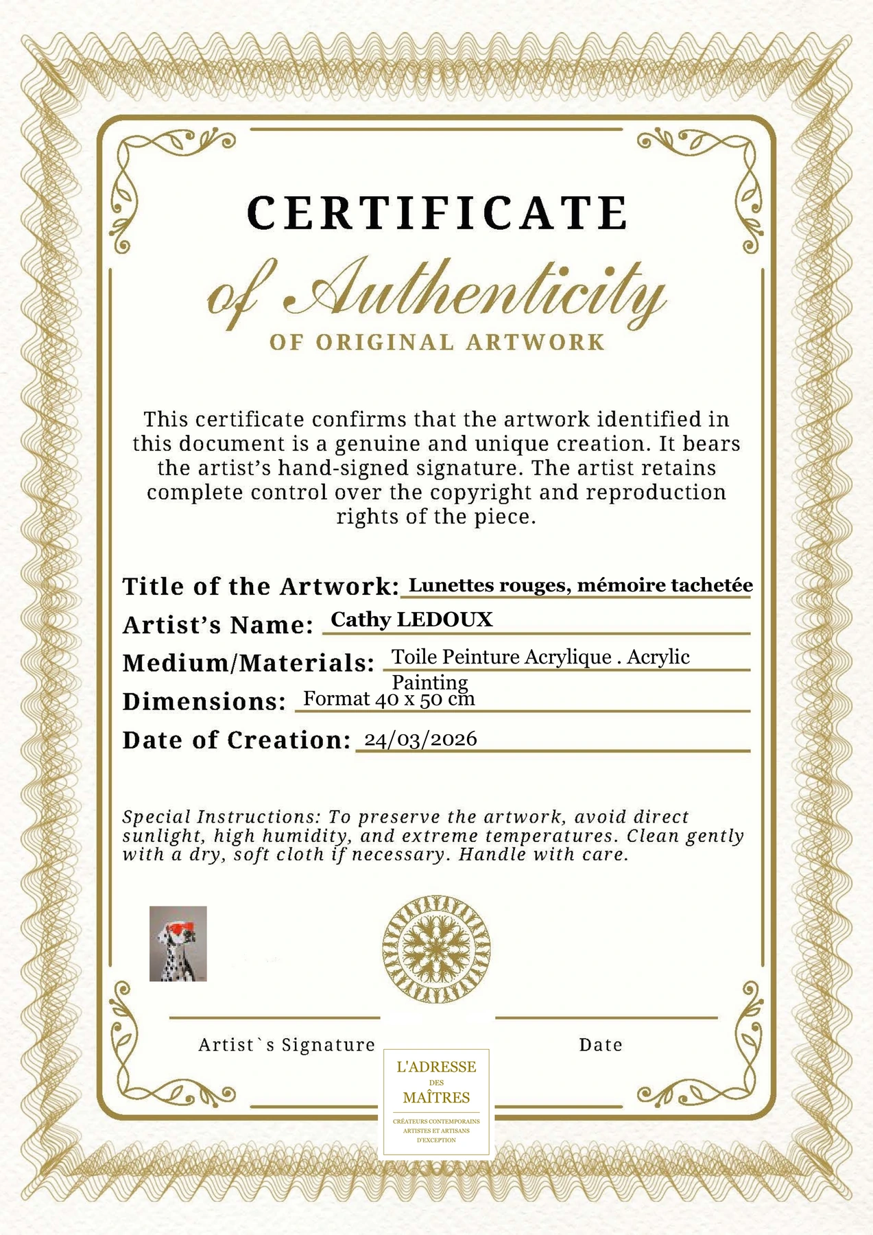 Certificat d'authenticité - Lunettes rouges, mémoire tachetée - Cathy LEDOUX