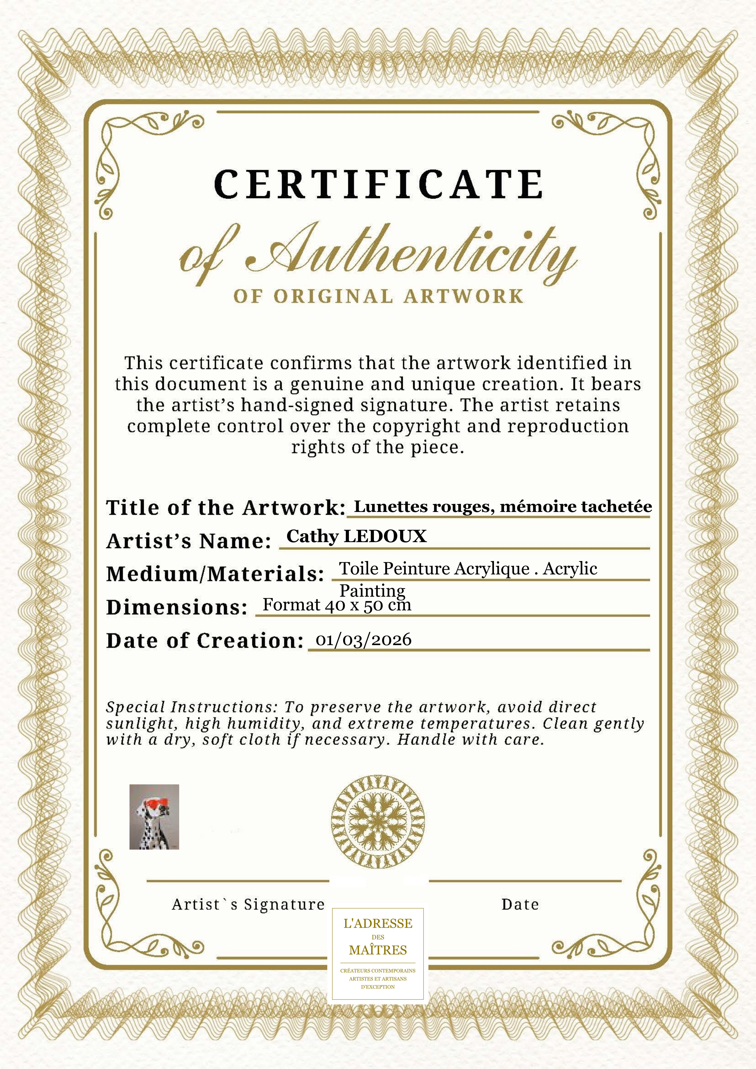 Certificat d'authenticité — Lunettes rouges, mémoire tachetée — Cathy LEDOUX