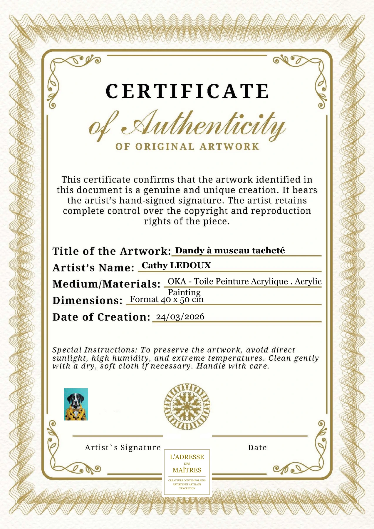 Certificat d'authenticité - Dandy à museau tacheté - Cathy LEDOUX