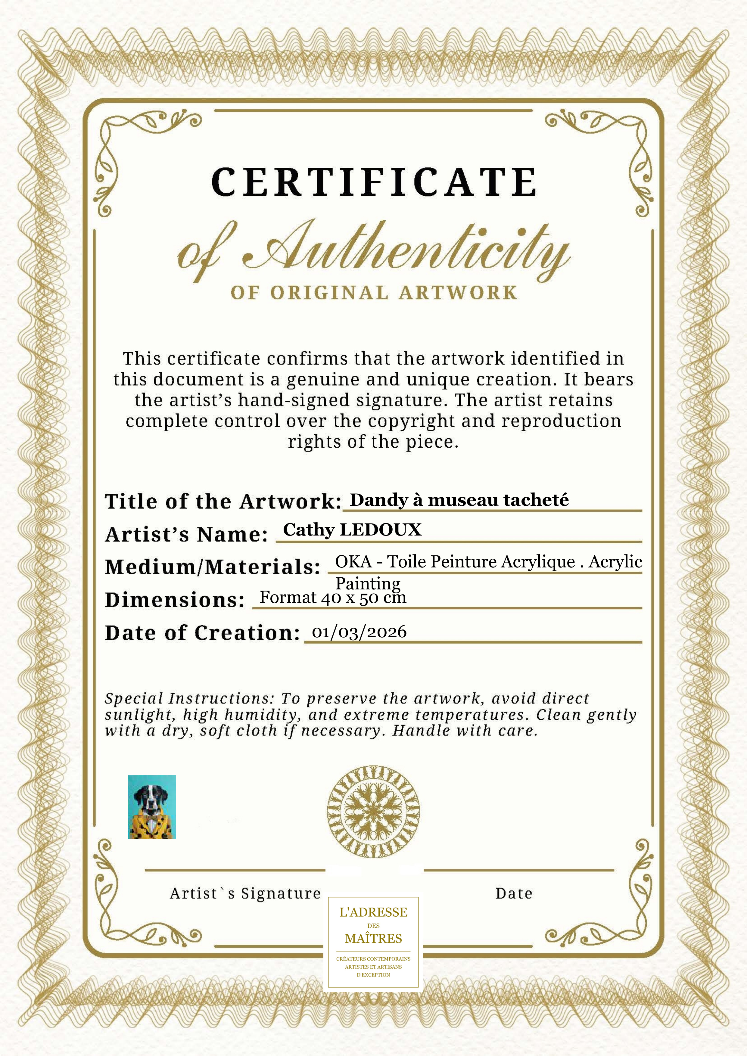 Certificat d'authenticité — Dandy à museau tacheté — Cathy LEDOUX