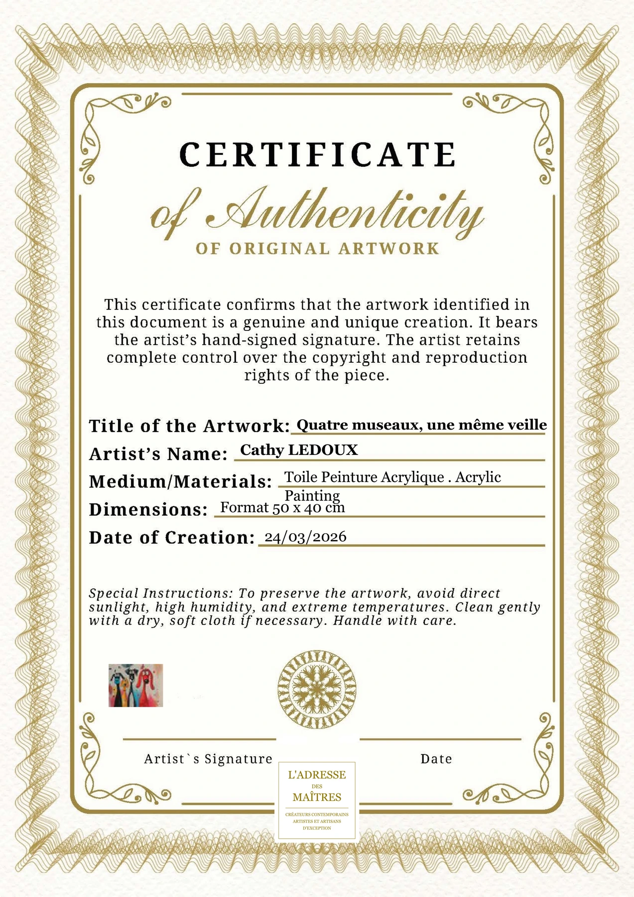 Certificat d'authenticité - Quatre museaux, une même veille - Cathy LEDOUX