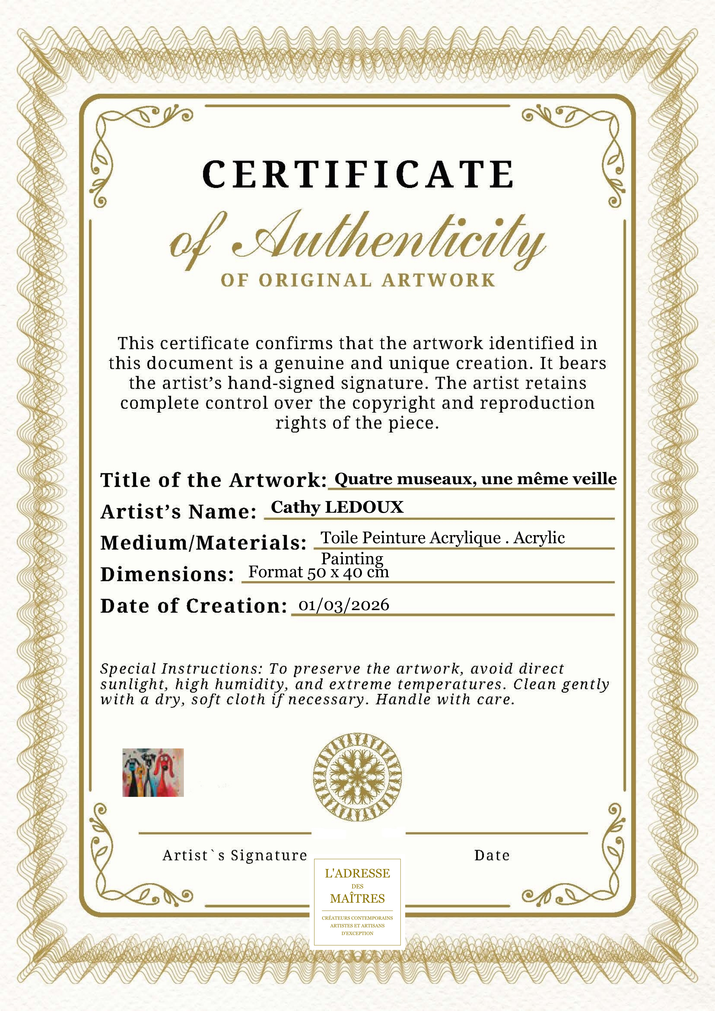 Certificat d'authenticité — Quatre museaux, une même veille — Cathy LEDOUX