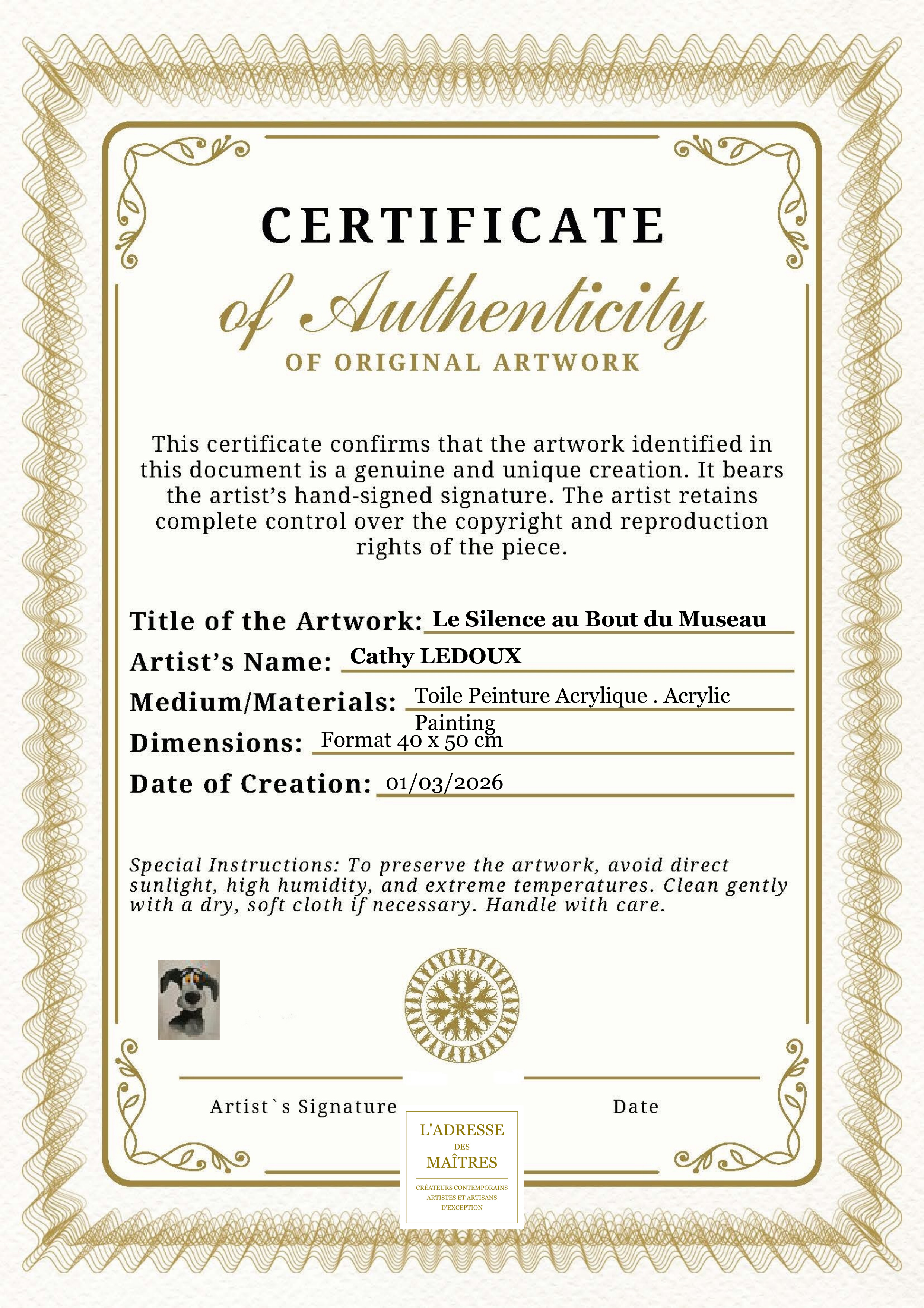 Certificat d'authenticité — Le Silence au Bout du Museau — Cathy LEDOUX