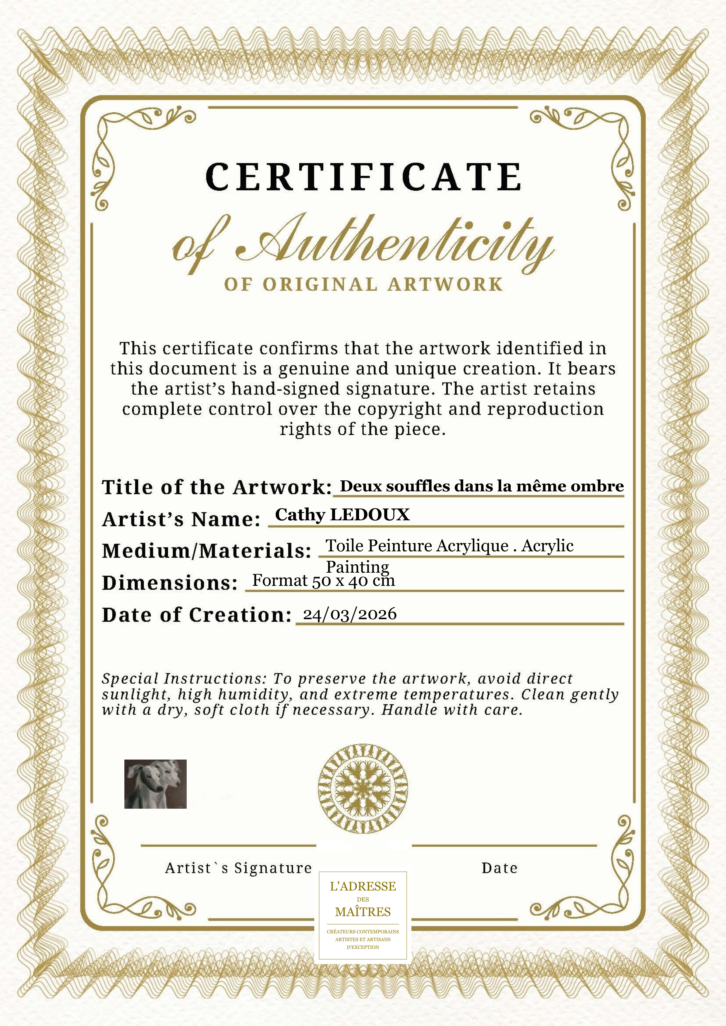 Certificat d'authenticité — Deux souffles dans la même ombre — Cathy LEDOUX