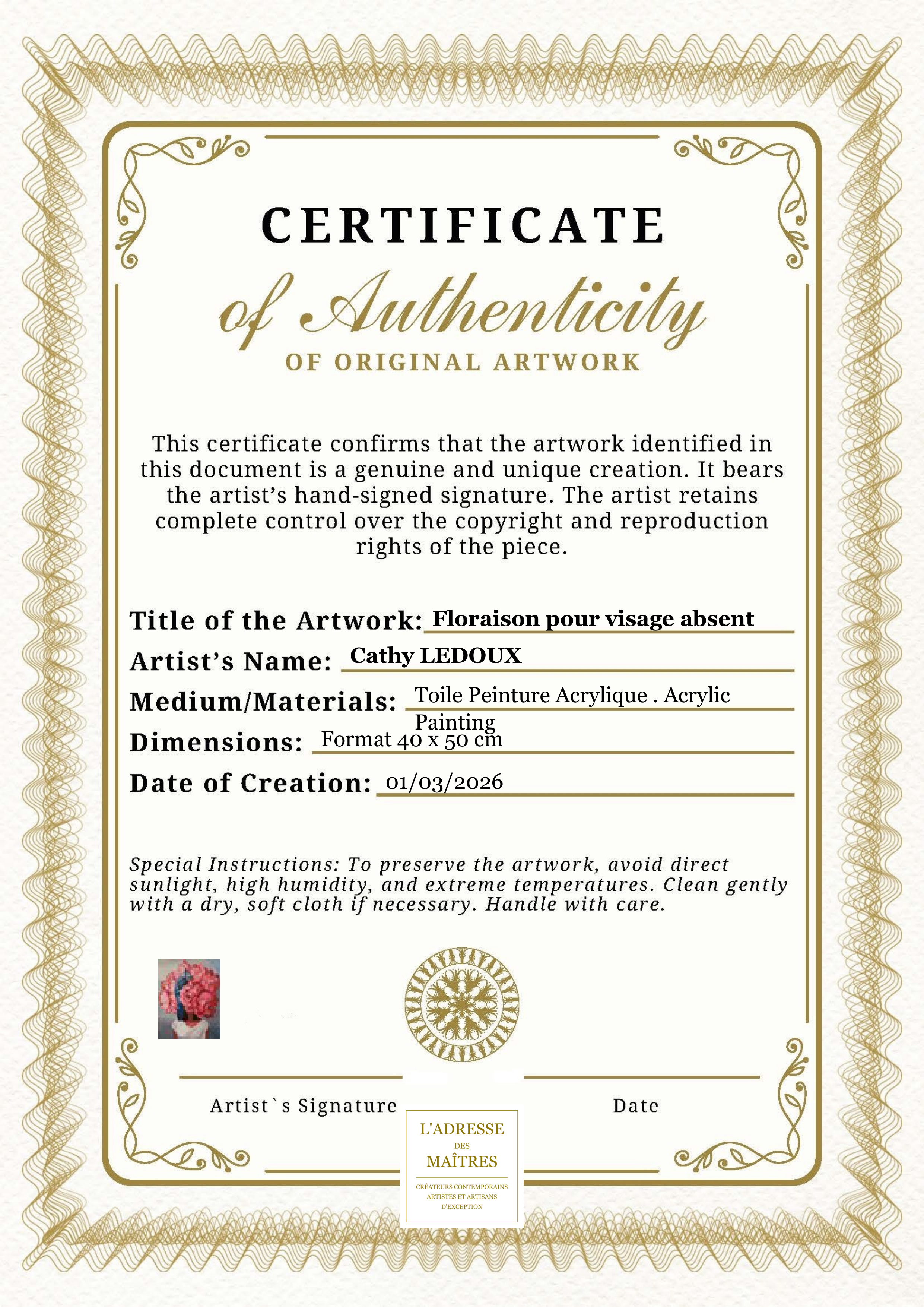 Certificat d'authenticité — Floraison pour visage absent — Cathy LEDOUX