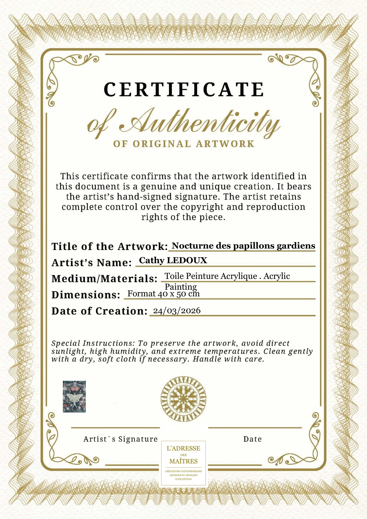Certificat d'authenticité - Nocturne des papillons gardiens - Cathy LEDOUX