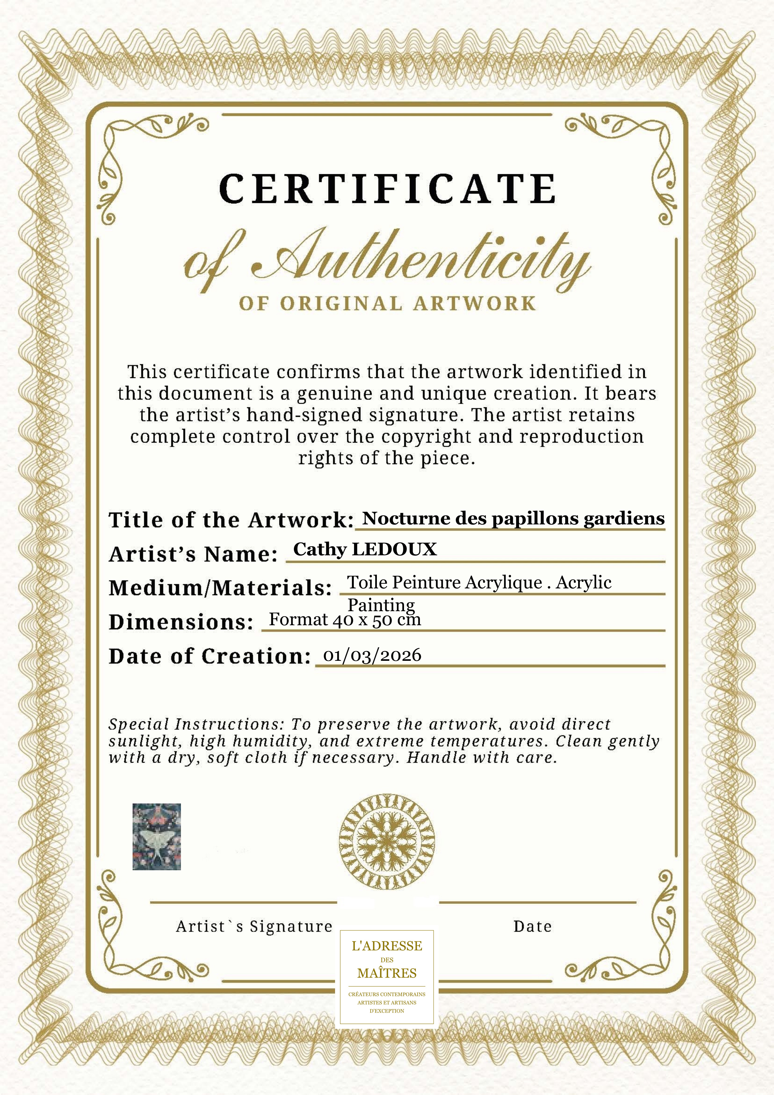 Certificat d'authenticité — Nocturne des papillons gardiens — Cathy LEDOUX