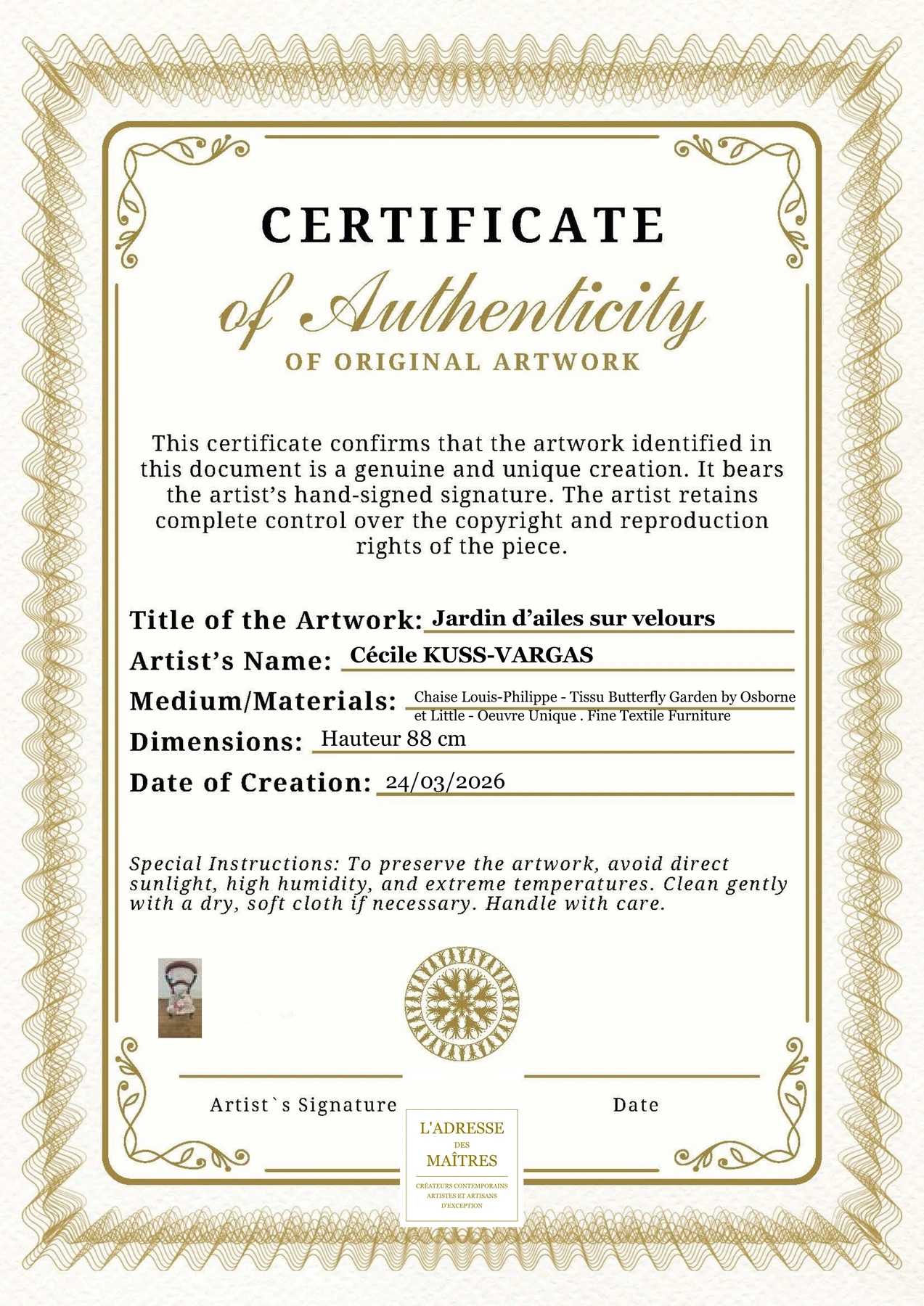 Certificat d'authenticité - Jardin d’ailes sur velours - Cécile KUSS-VARGAS