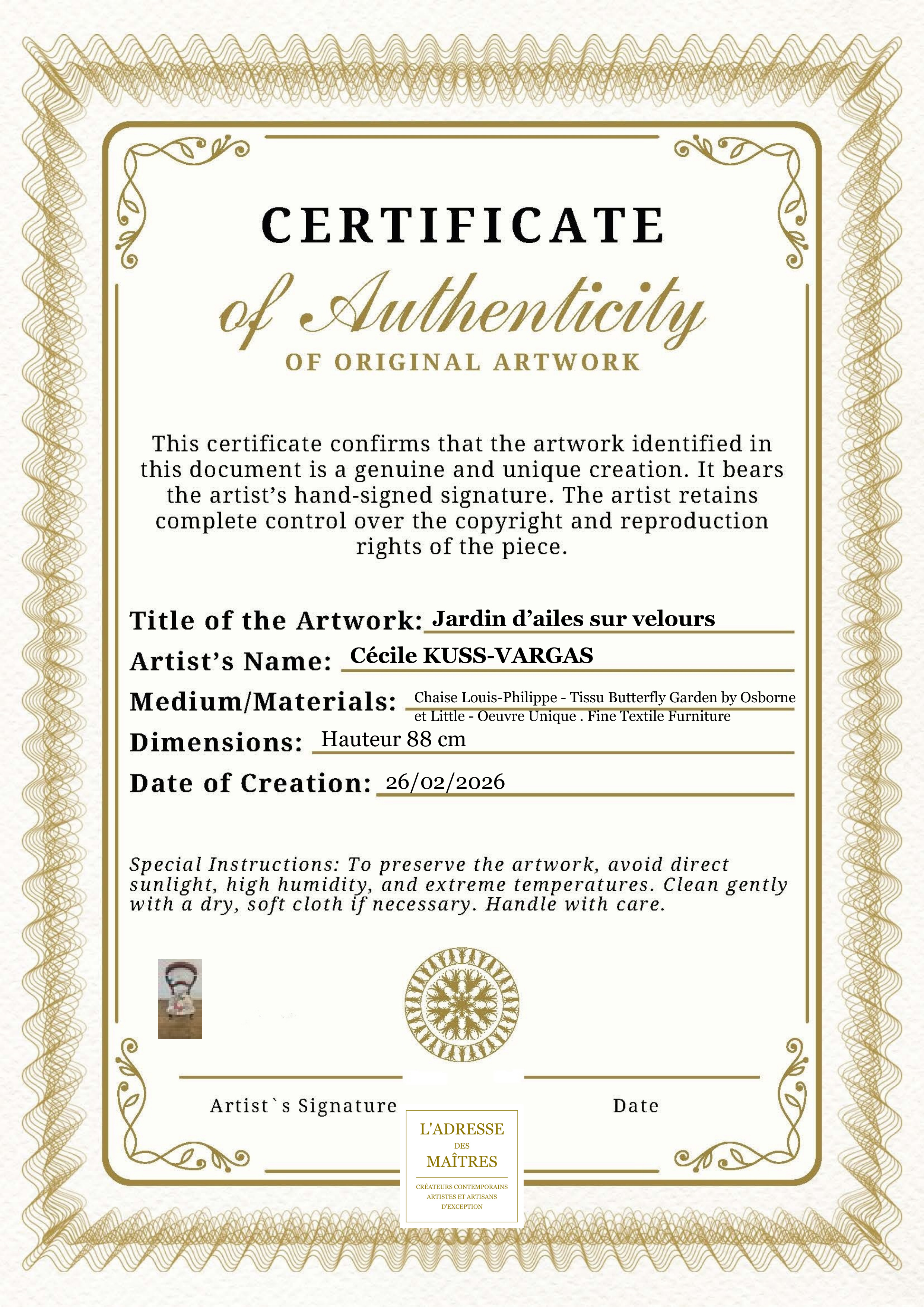 Certificat d'authenticité — Jardin d’ailes sur velours — Cécile KUSS-VARGAS