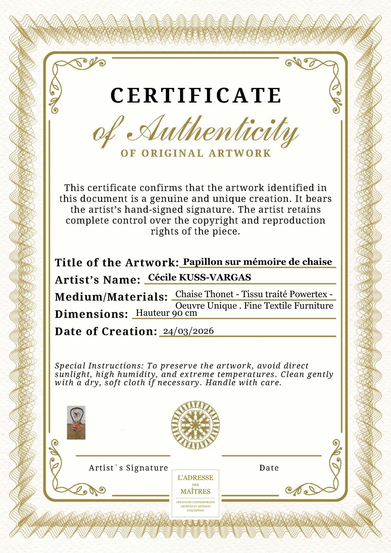 Certificat d'authenticité - Papillon sur mémoire de chaise - Cécile KUSS-VARGAS