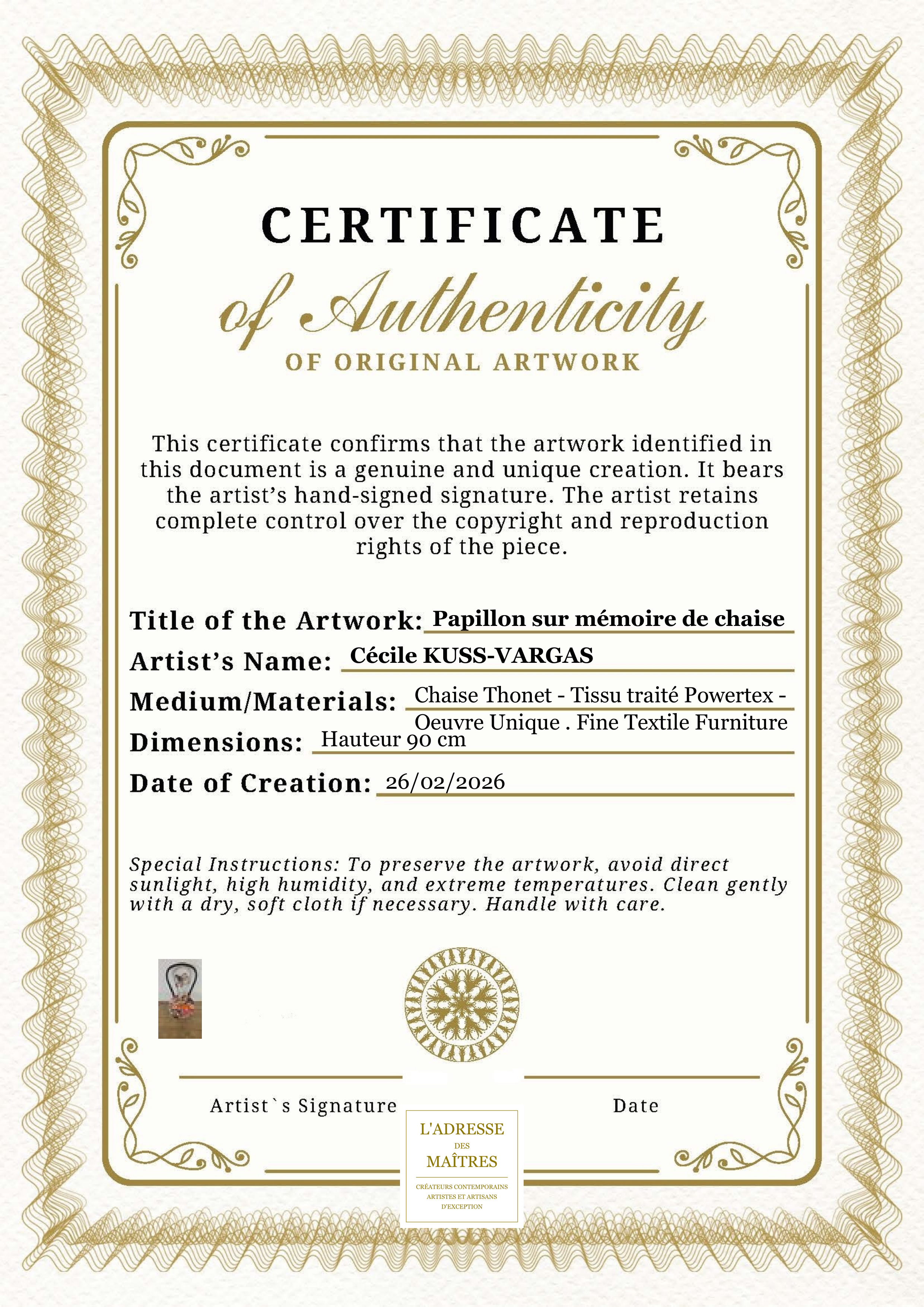 Certificat d'authenticité — Papillon sur mémoire de chaise — Cécile KUSS-VARGAS