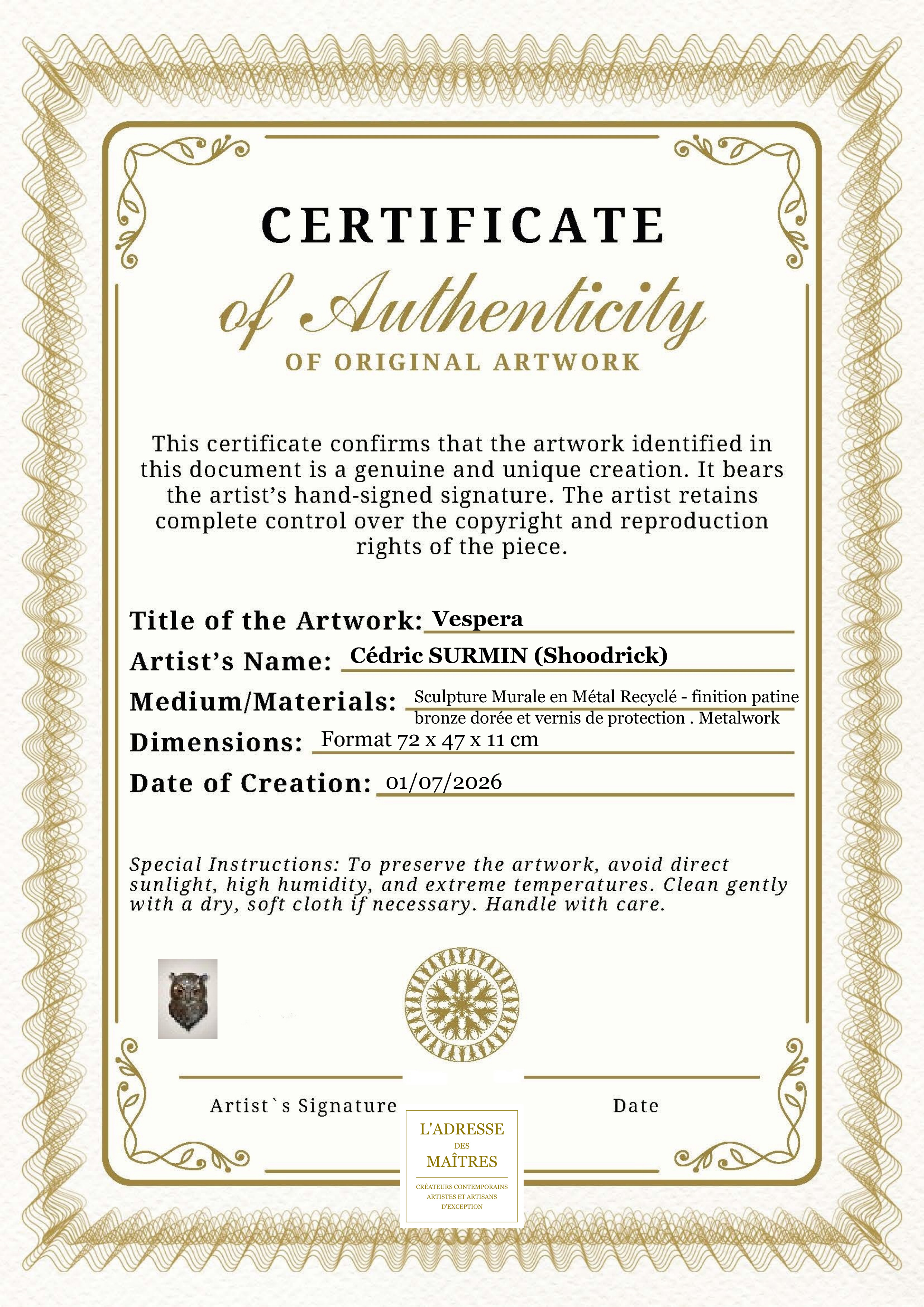 Certificat d'authenticité — Vespera — Cédric SURMIN (Shoodrick)