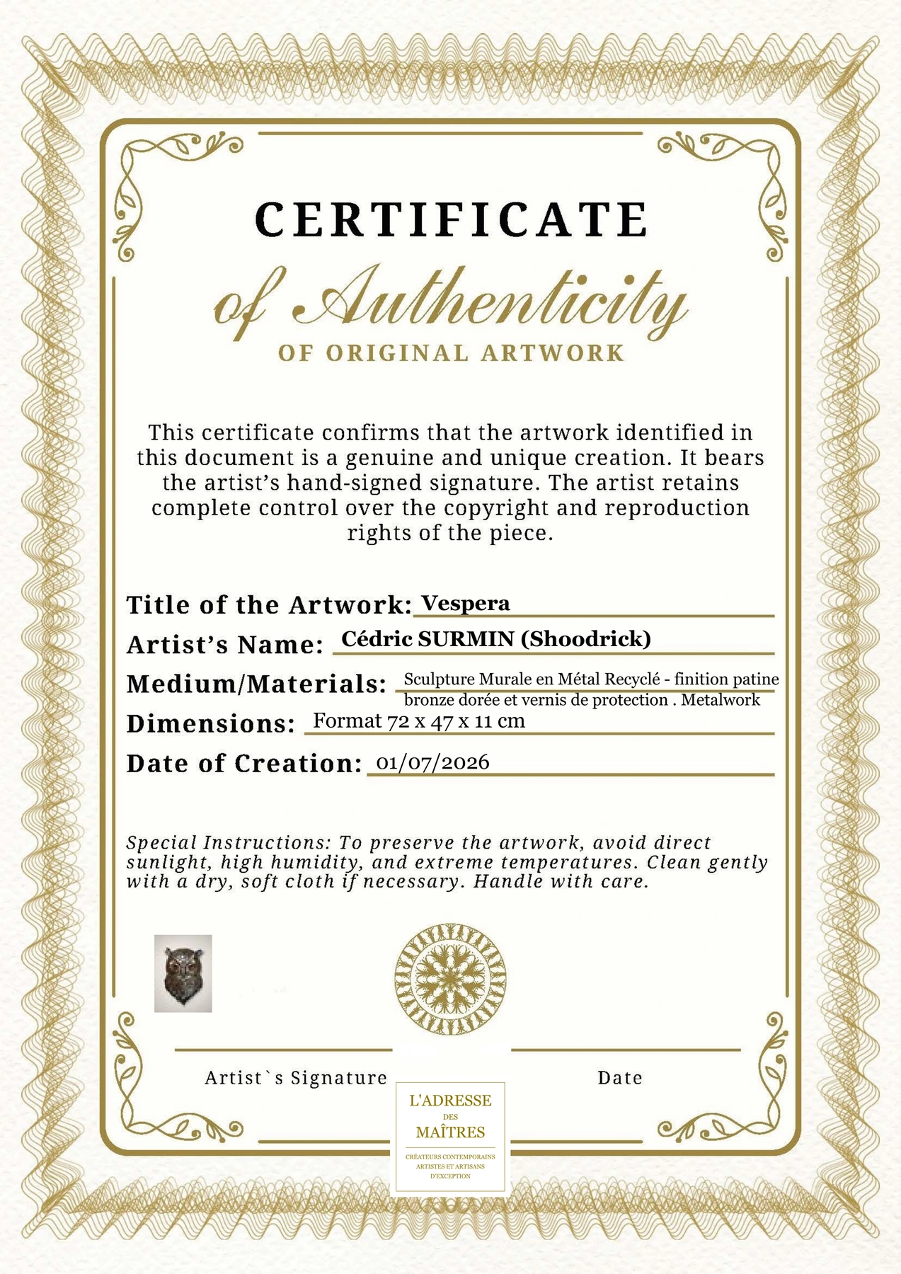 Certificat d'authenticité - Vespera - Cédric SURMIN (Shoodrick)