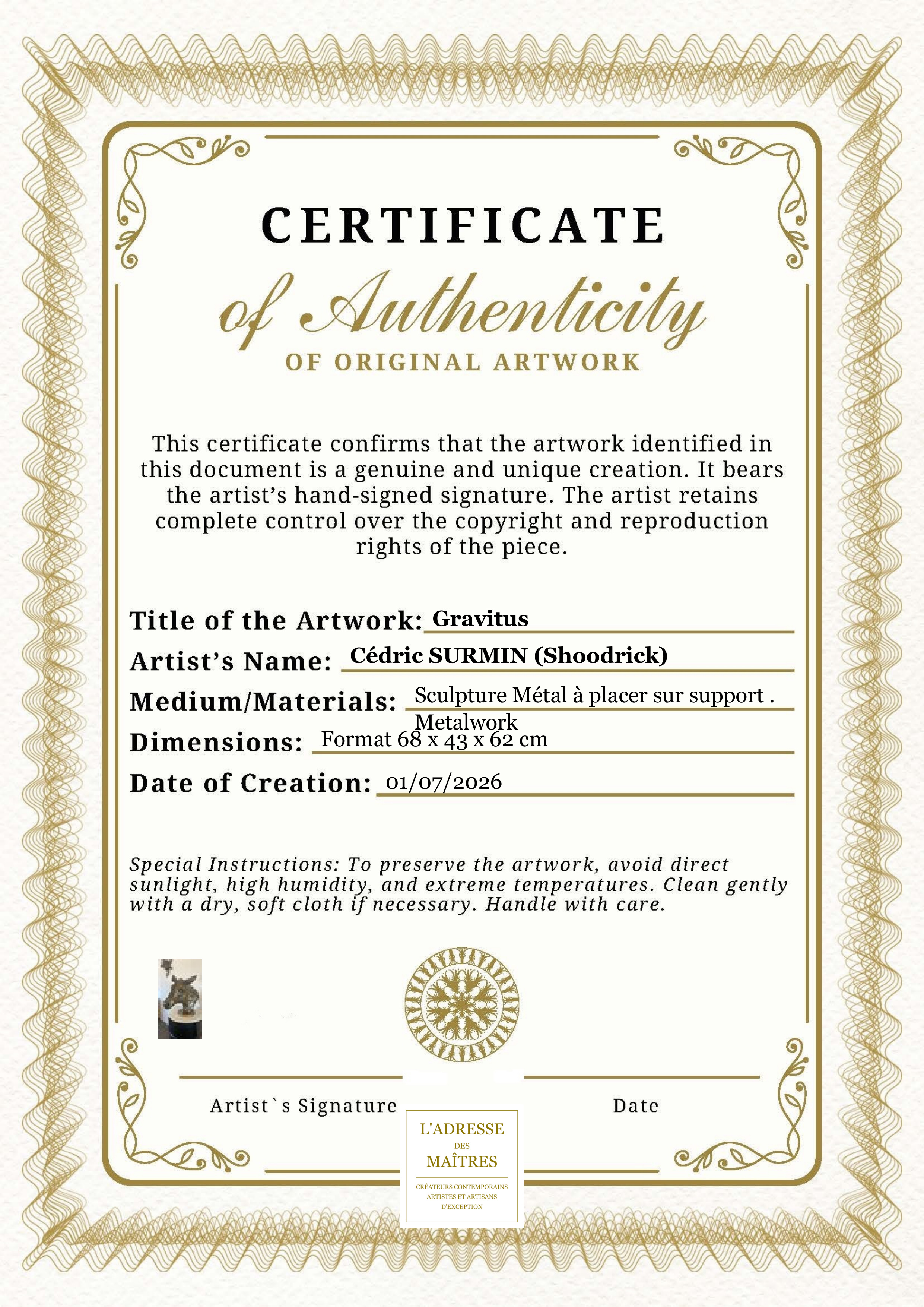 Certificat d'authenticité — Gravitus — Cédric SURMIN (Shoodrick)