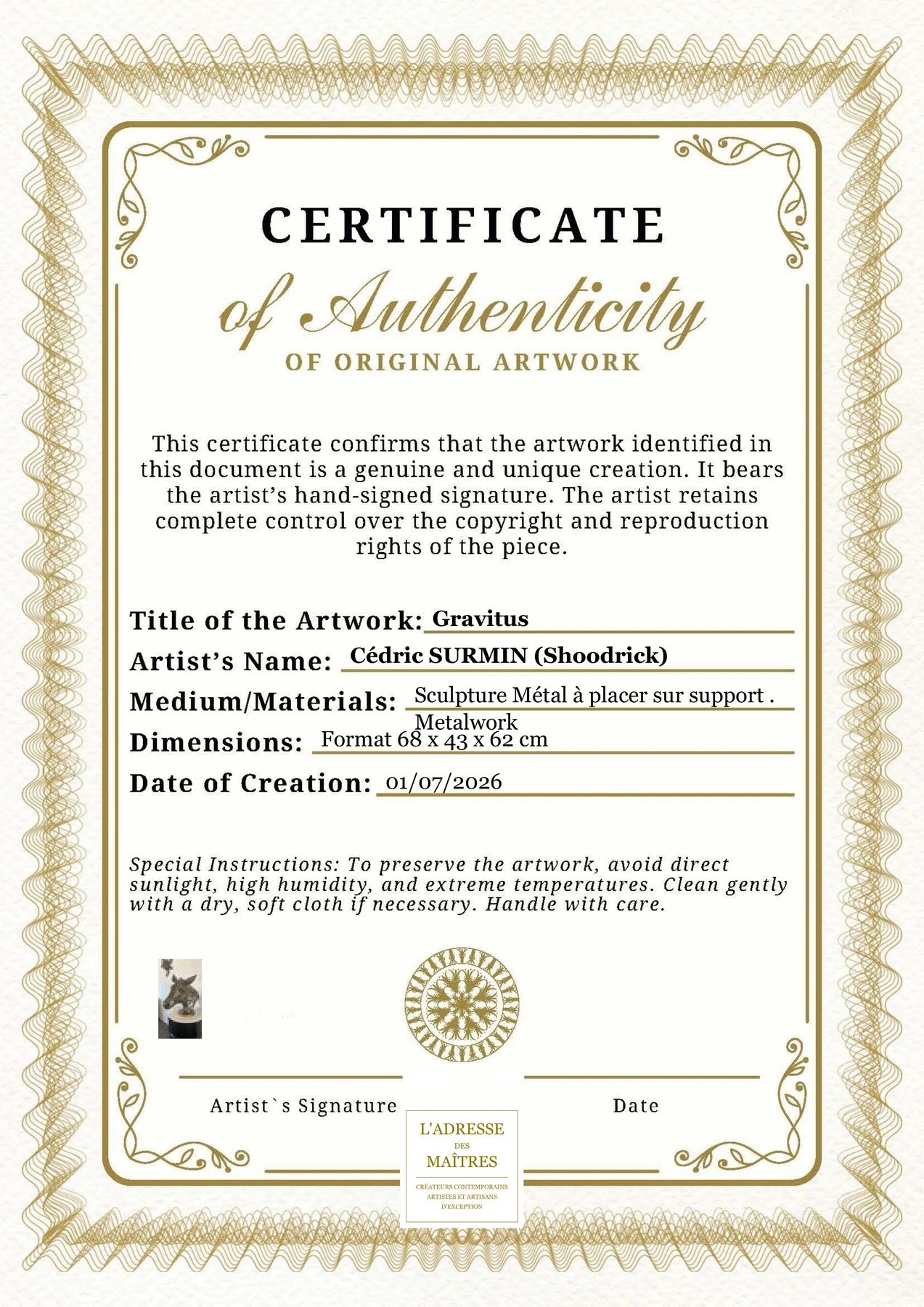 Certificat d'authenticité - Gravitus - Cédric SURMIN (Shoodrick)