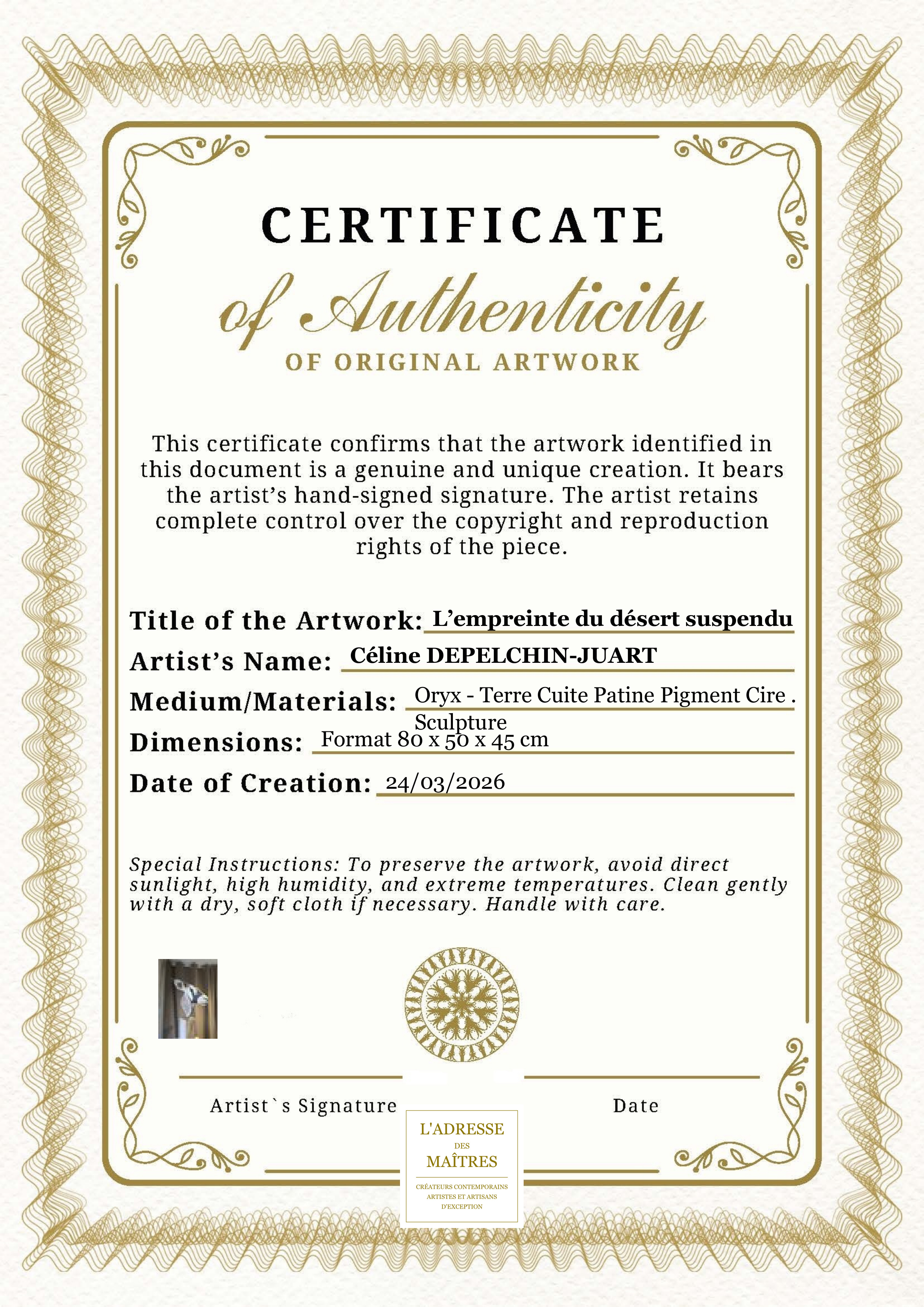 Certificado de autenticidad — La huella del desierto suspendido — Céline DEPELCHIN-JUART