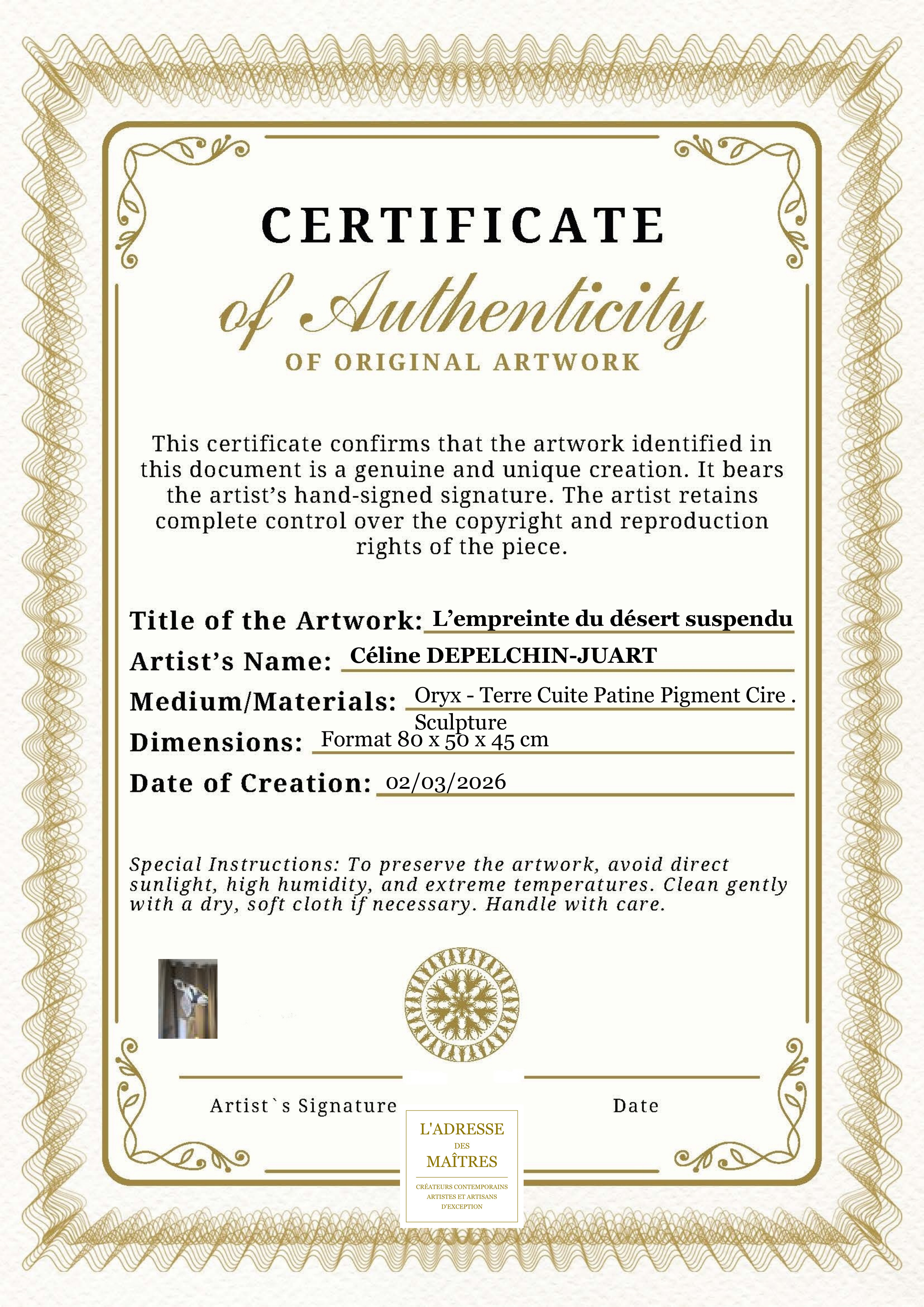Certificat d'authenticité — L’empreinte du désert suspendu — Céline DEPELCHIN-JUART