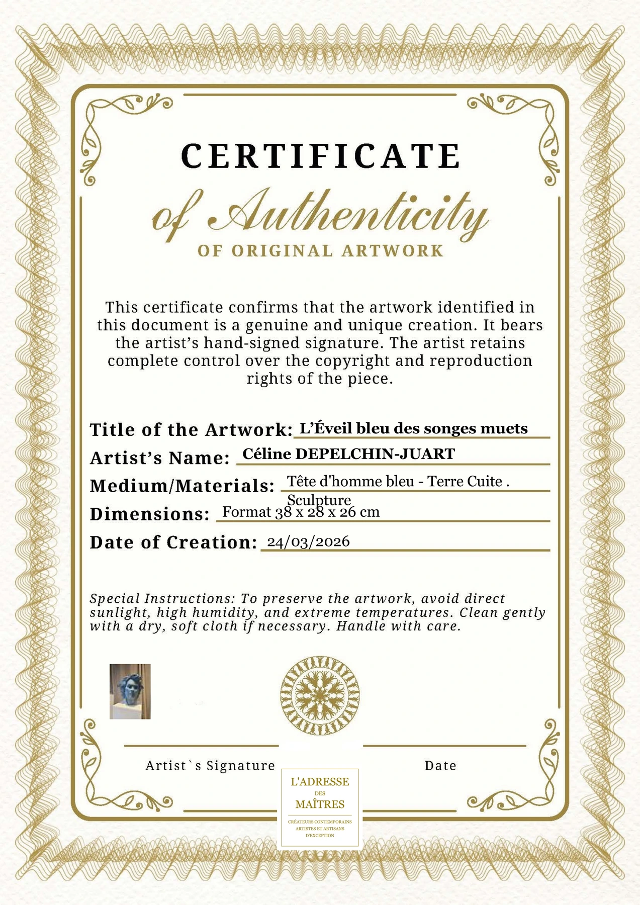 Certificat d'authenticité - L’Éveil bleu des songes muets - Céline DEPELCHIN-JUART